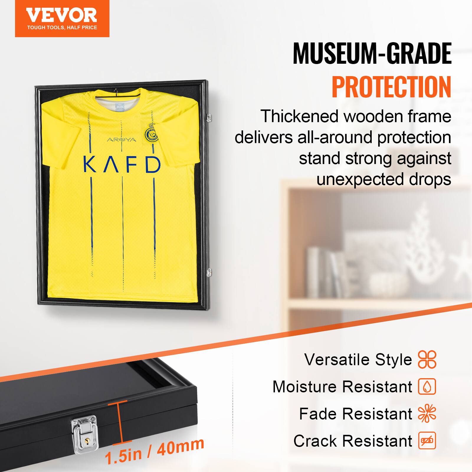 VEVOR  
TOUGH TOOLS, HALF PRICE  

MUSEUM-GRADE PROTECTION  
Thickened wooden frame delivers all-around protection stand strong against unexpected drops  

Versatile Style  
Moisture Resistant  
Fade Resistant  
Crack Resistant  

1.5in / 40mm