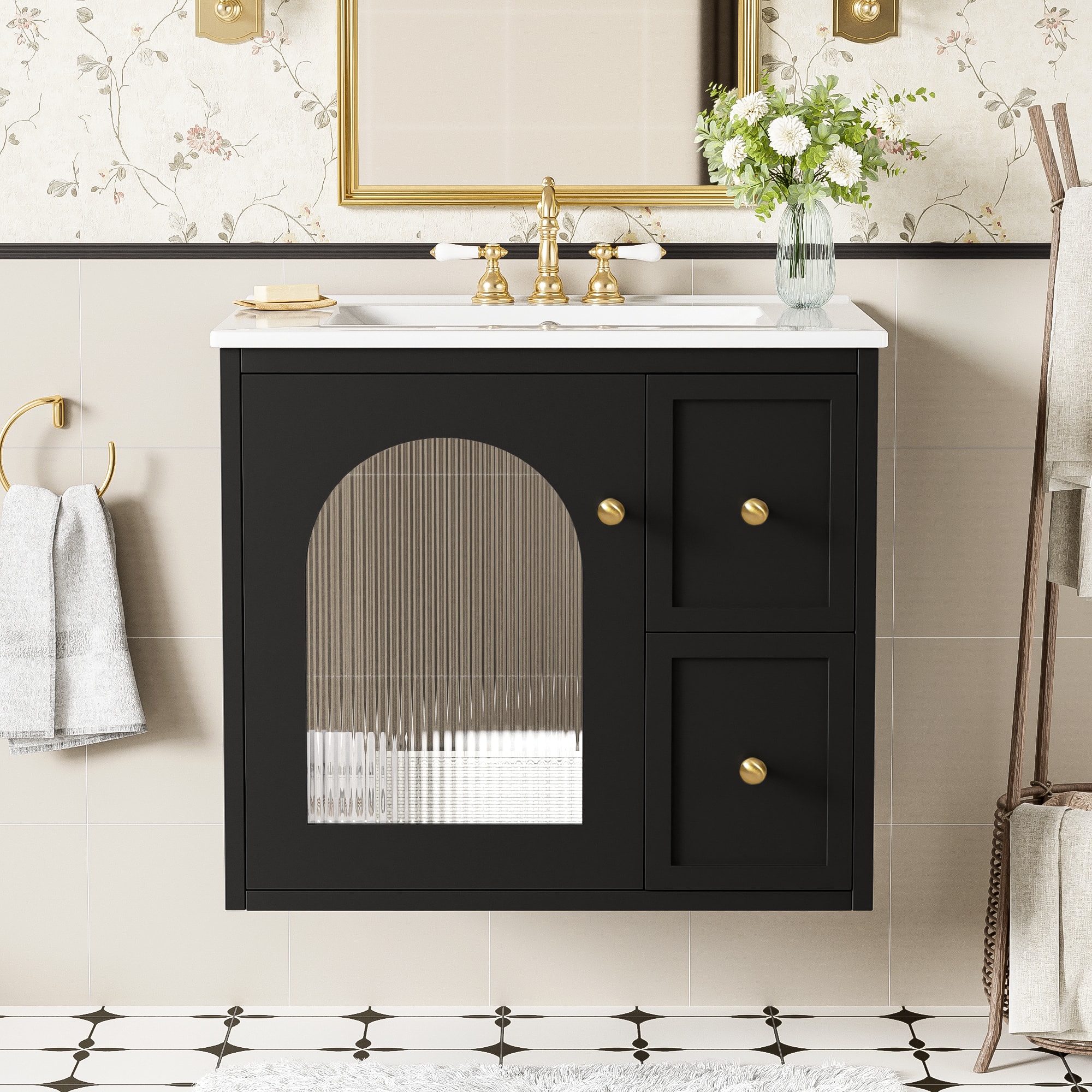 Tiramisubest - 24" Bathroom Vanity Set Wall Mounted for Small Space, Bathroom Cabinet with Ceramic Sink, 2 Drawers - Black
