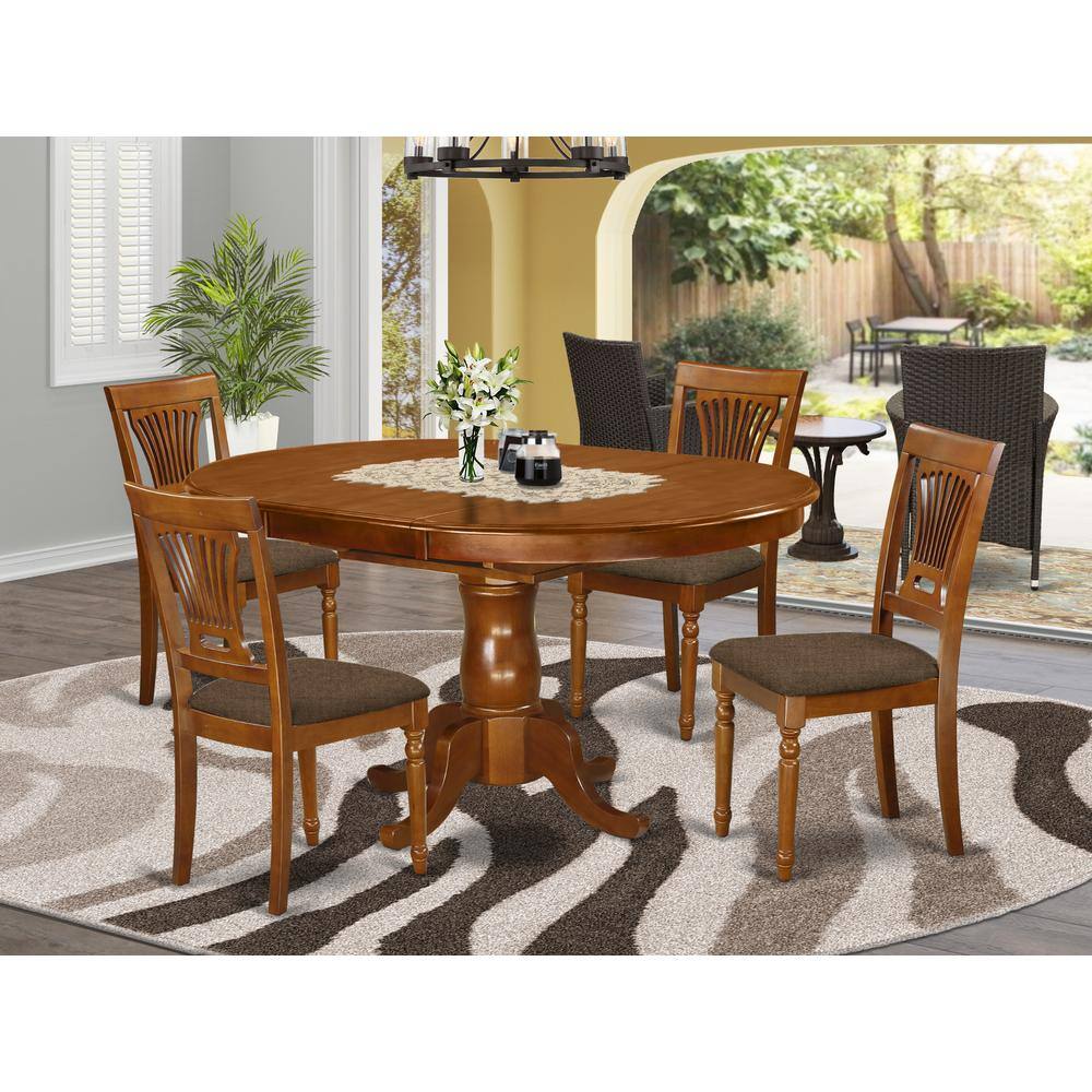 Left. East West Furniture - POPL5-SBR-C 5 Pc set Portland Dining Table having 18" Leaf and 4 Cushiad Kitchen Chairs in Saddle Brown - Saddle Brown.
