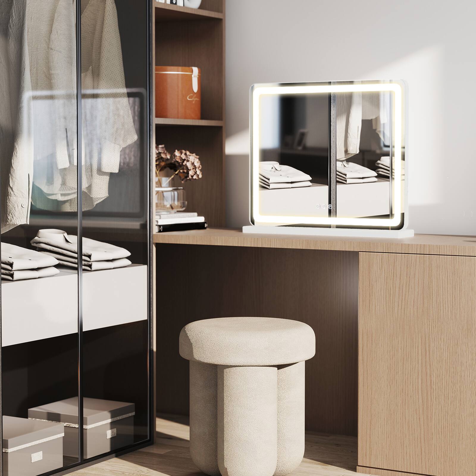 Left. AENKYO - 19"x22" Vanity Mirror LED Makeup Mirror with Dimmable 3 Color Modes, Touch Screen Control - White.