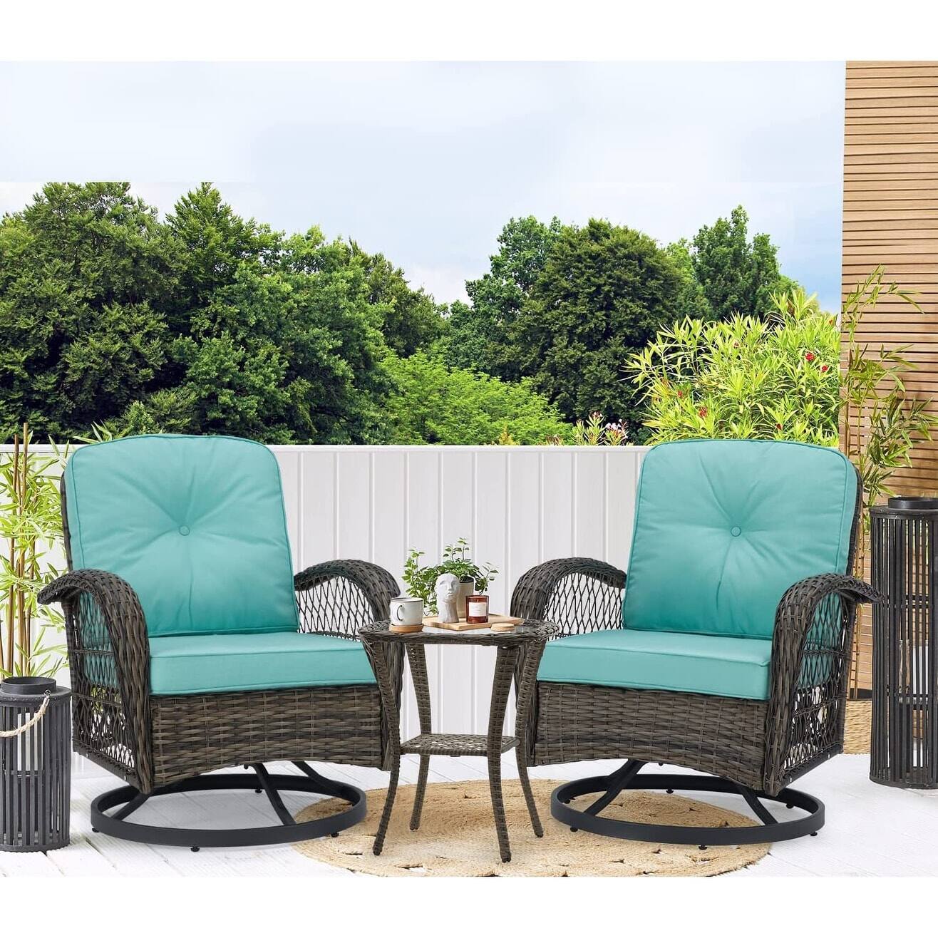 Alt View 6. U-HOMY - Outdoor Swivel Rocking Chair Set with Glass Table - Blue.