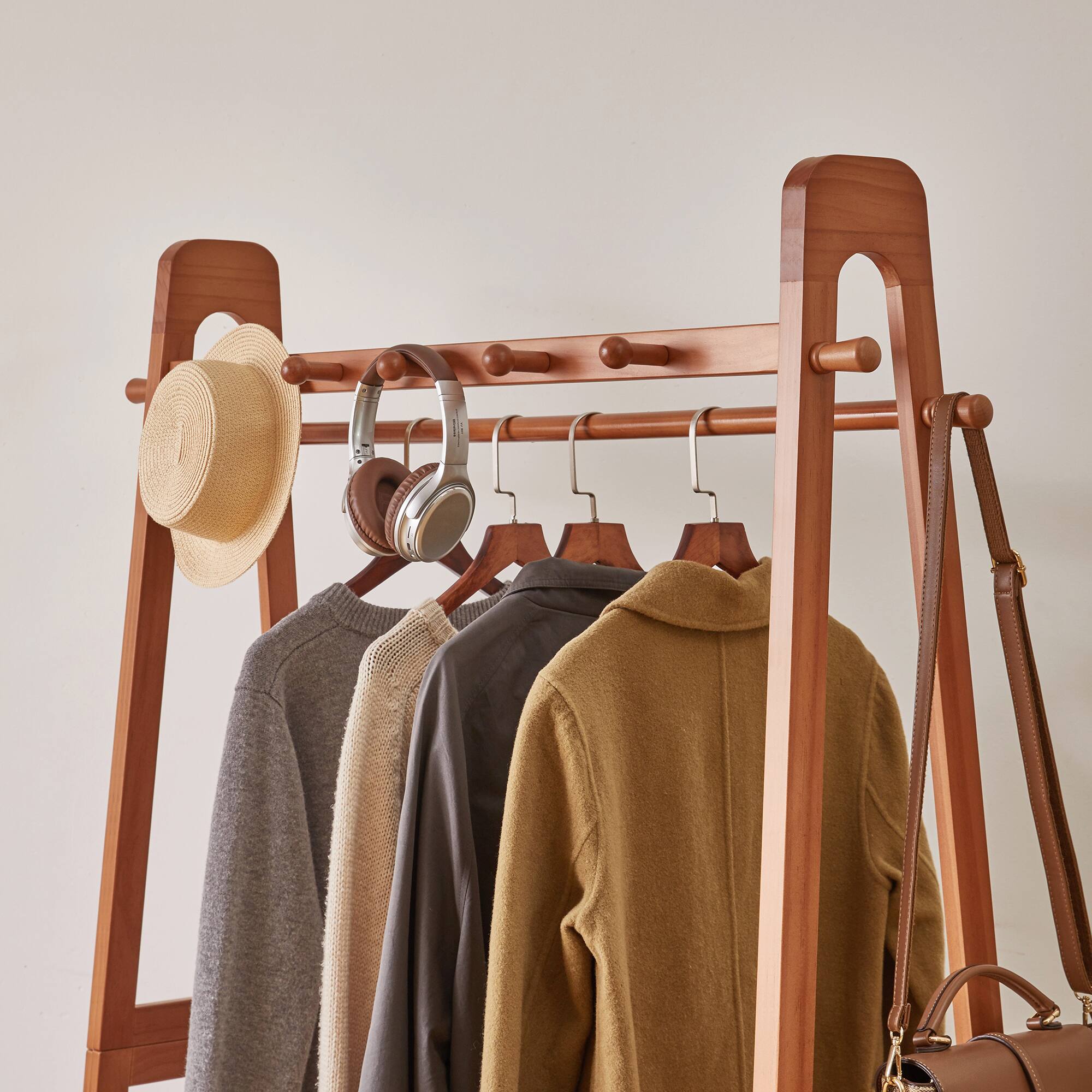 Alt View 2. LUCKY ONE - Solid Wood Freestanding Clothing Garment Rack with Lockable Wheels - Cherry.
