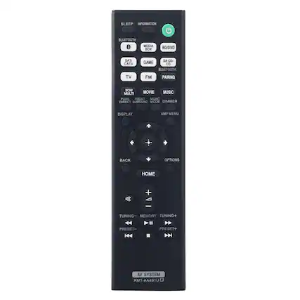 SLEEP INFORMATION BLUETOOTH MEDIA BOX BD/DVD SATI CATV SA-CD GAME CD BLUETOOTH TV FM PAIRING 2CH/ MULTI MOVIE MUSIC PURE FRONT NIGHT DIRECT SURROUND MODE DIMMER DISPLAY AMP MENU BACK OPTIONS HOME + - TUNING- MEMORY TUNING+ PRESET- H4 PRESET+ VA SYSTEM RMT-AA401U
