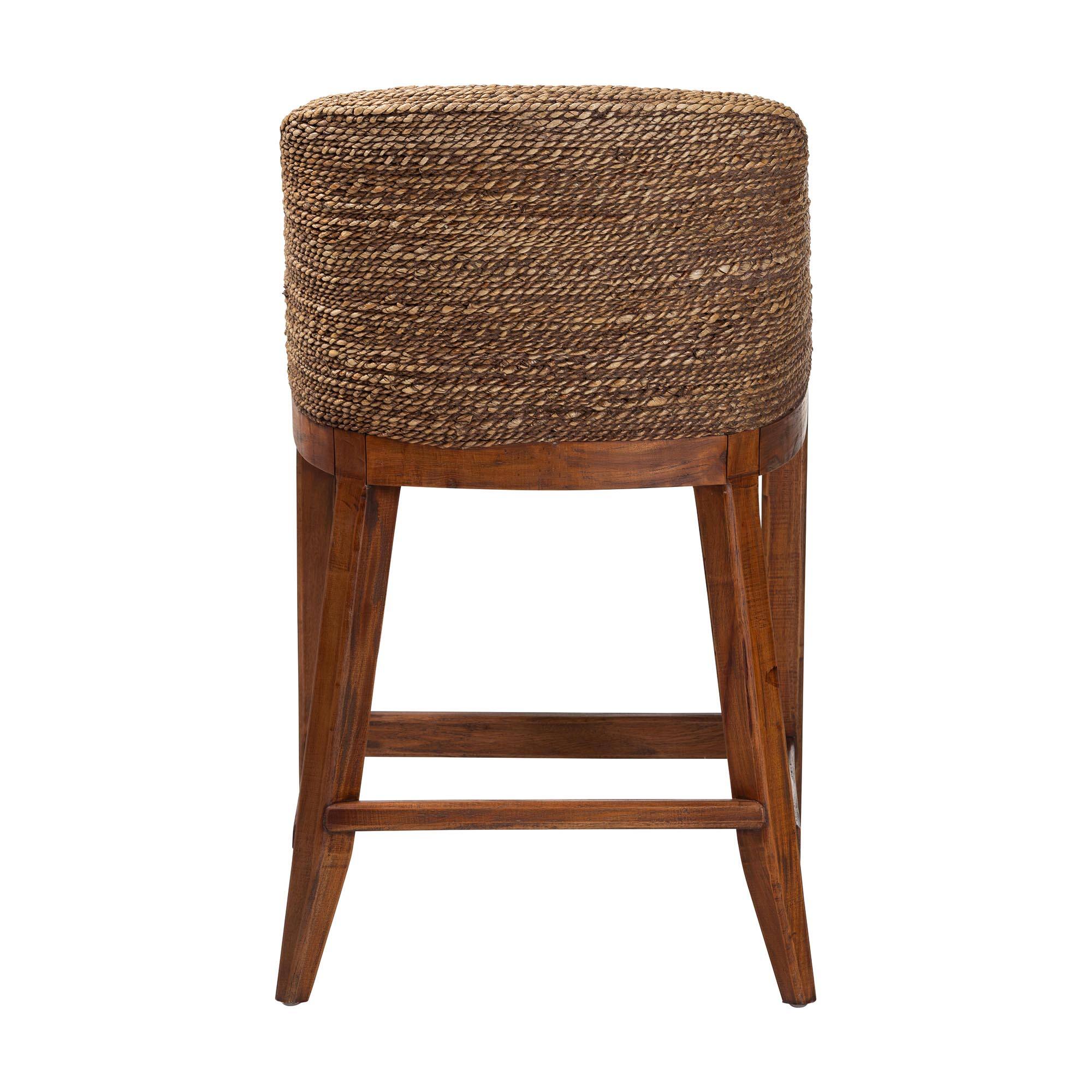 Back. bali & pari - Jasper Seagrass Counter Stool with Mahogany Wood Frame - Seating with Woven Wingback and Cushioned Seat - Brown Wash.