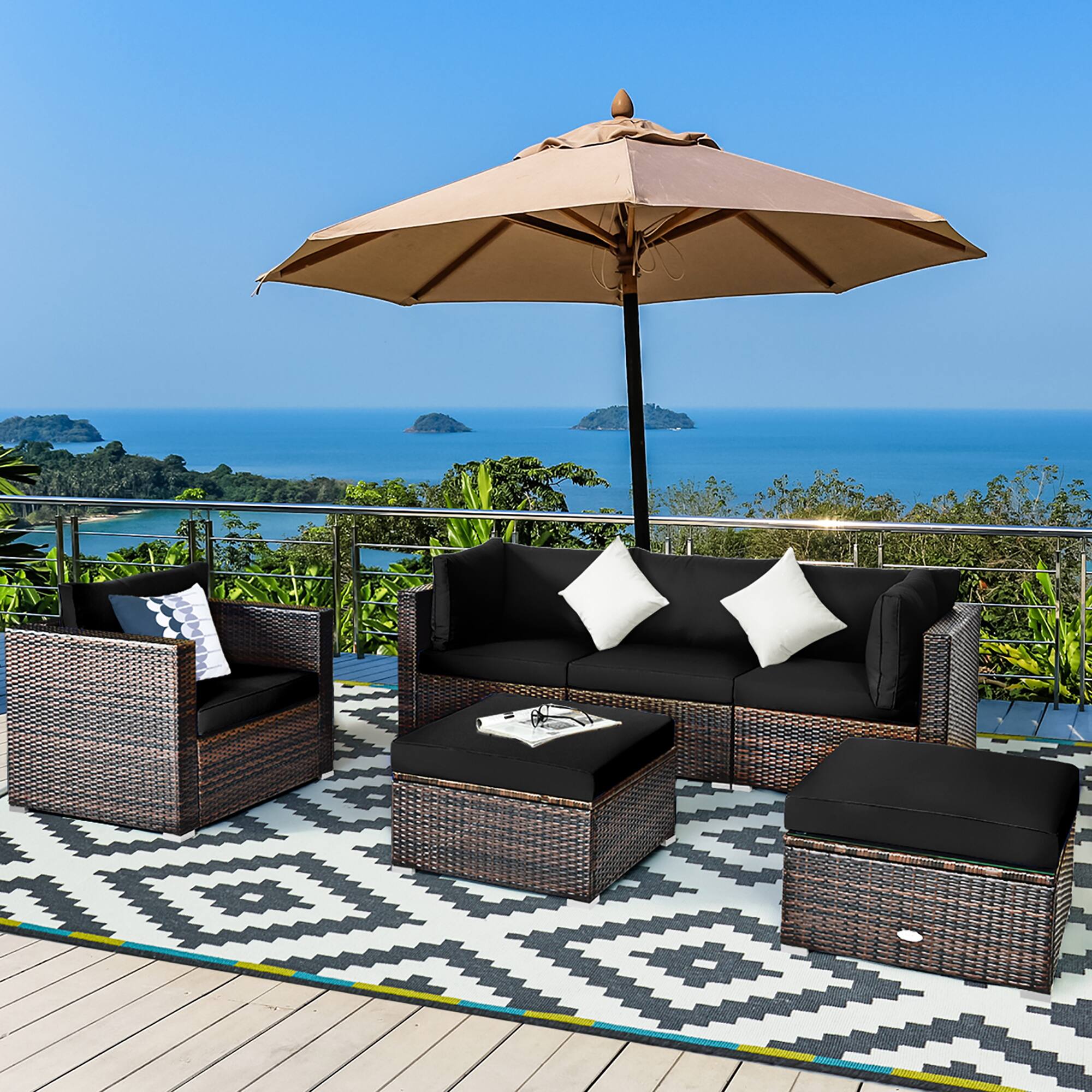 Alt View 3. Costway - 6PCS Patio Rattan Furniture Set Cushion Sofa Coffee Table Ottoman - Black.