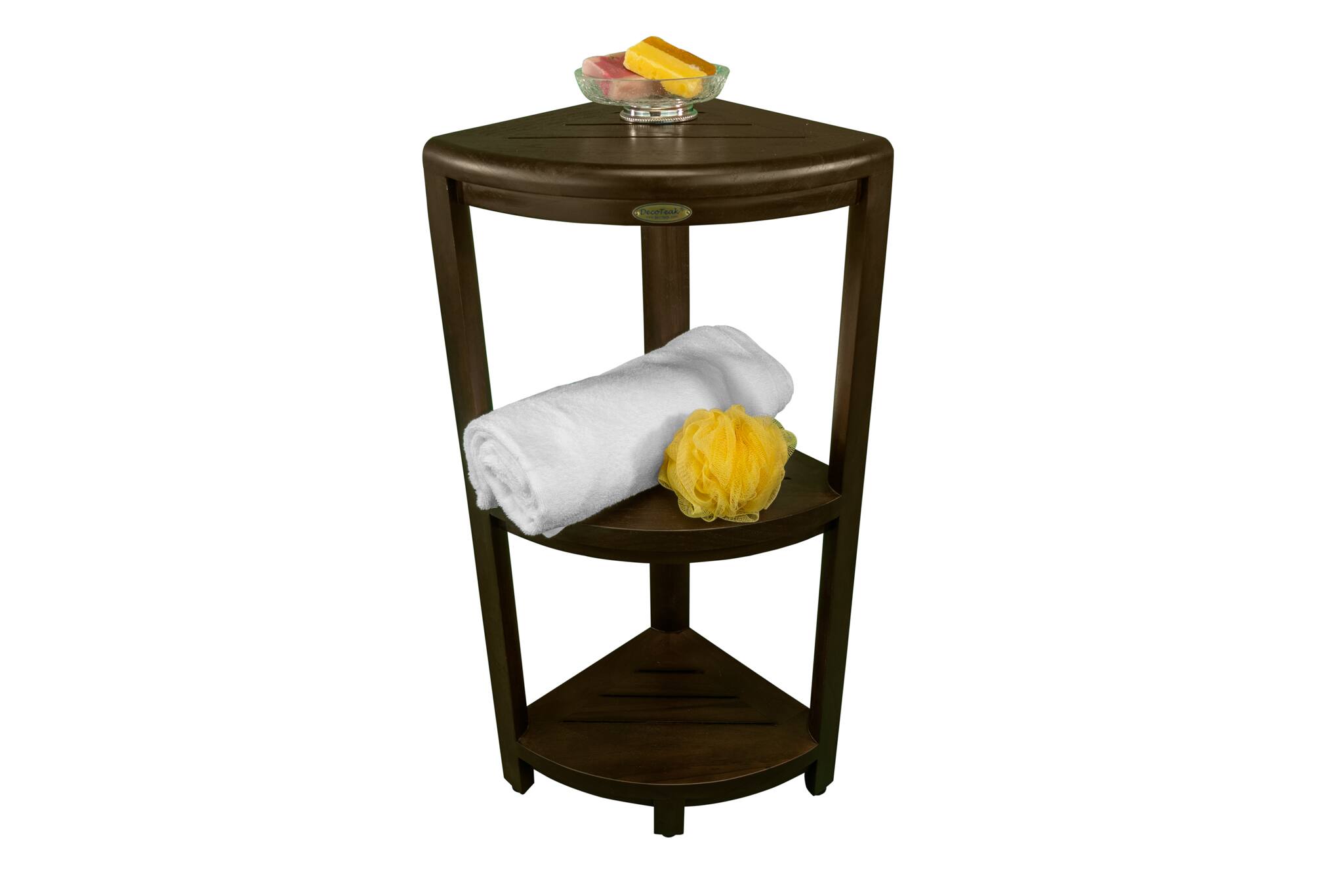 Back. DecoTeak - DecoTeak® SnazzyCorner® 33" Teak Wood 3-Tier Corner Shelf in Woodland Brown Finish - Woodland Brown.