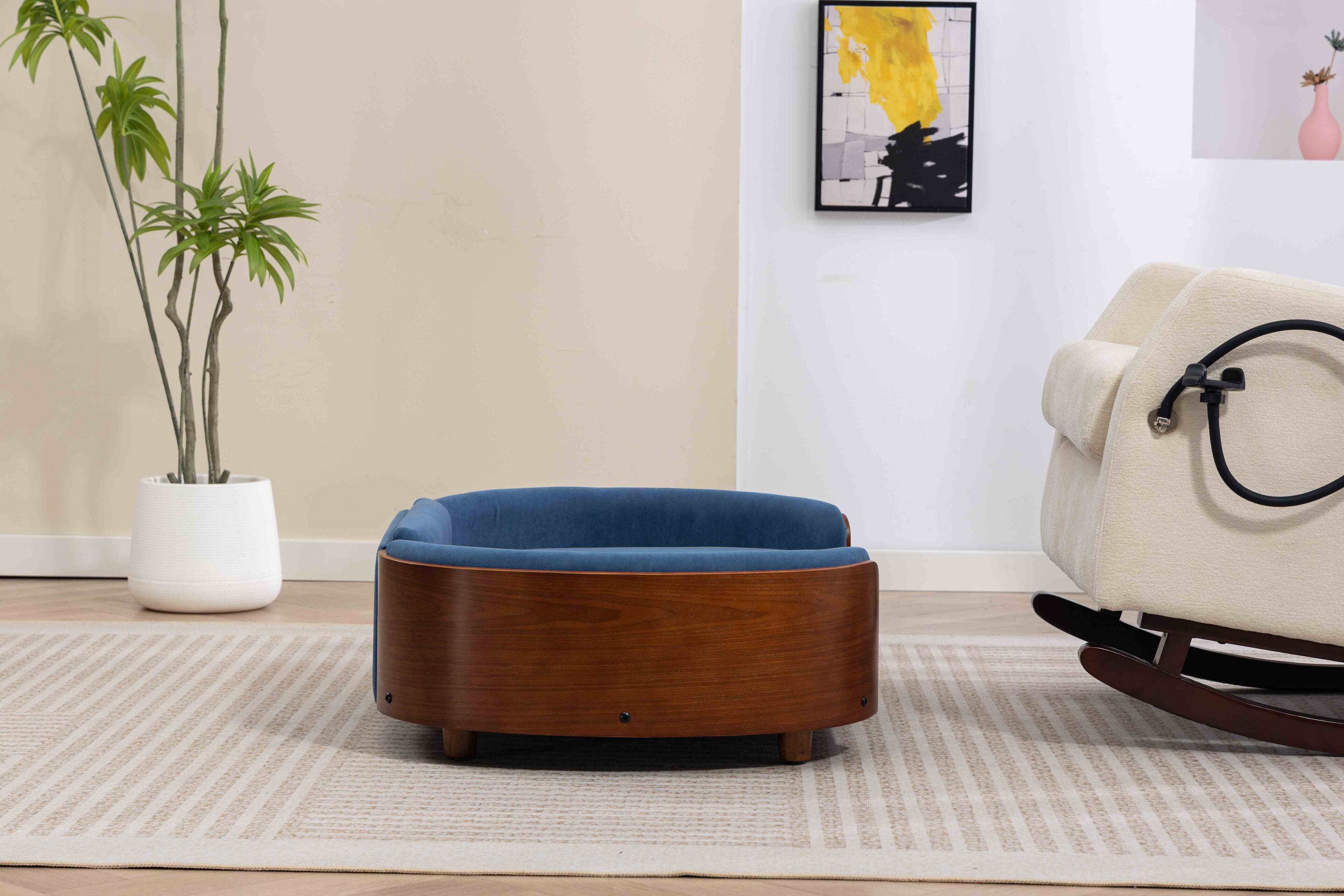 Alt View 2. APRILSOUL - Scandinavian style Elevated Dog Bed Pet Sofa With Solid Wood legs and Walnut Bent Wood Back Velvet Cushion Large Size - Blue.