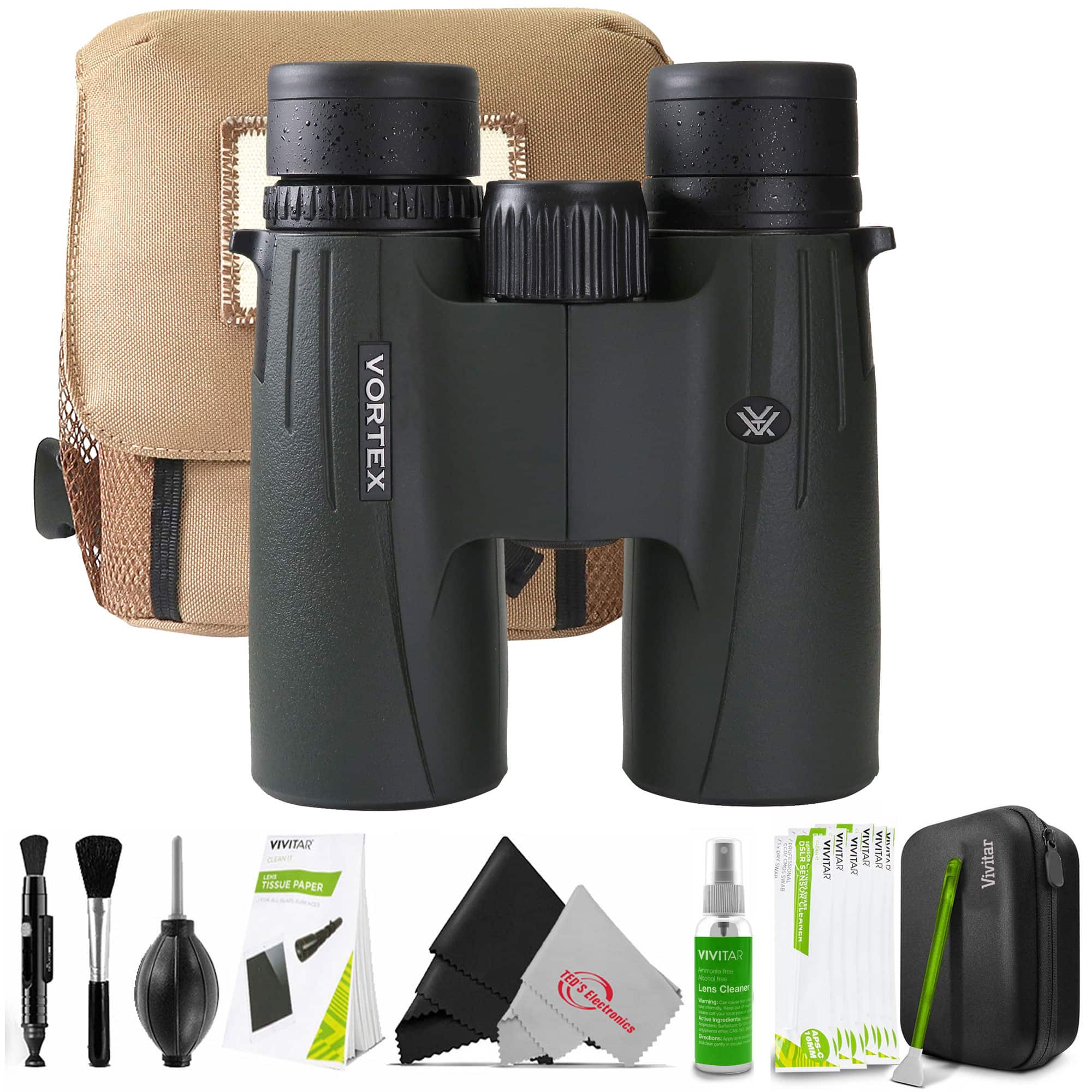 Vortex - 10x42 Viper Roof Prism HD Binoculars V201 + Professional Cleaning Kit - Green