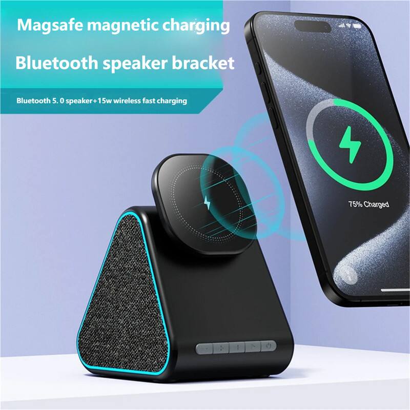 Alt View 1. RISOKEYS - 15W Wireless Fast Charger - Magsafe Wireless Charger, Bluetooth Speaker, Phone Stand, Charging Ambient Light - Black.