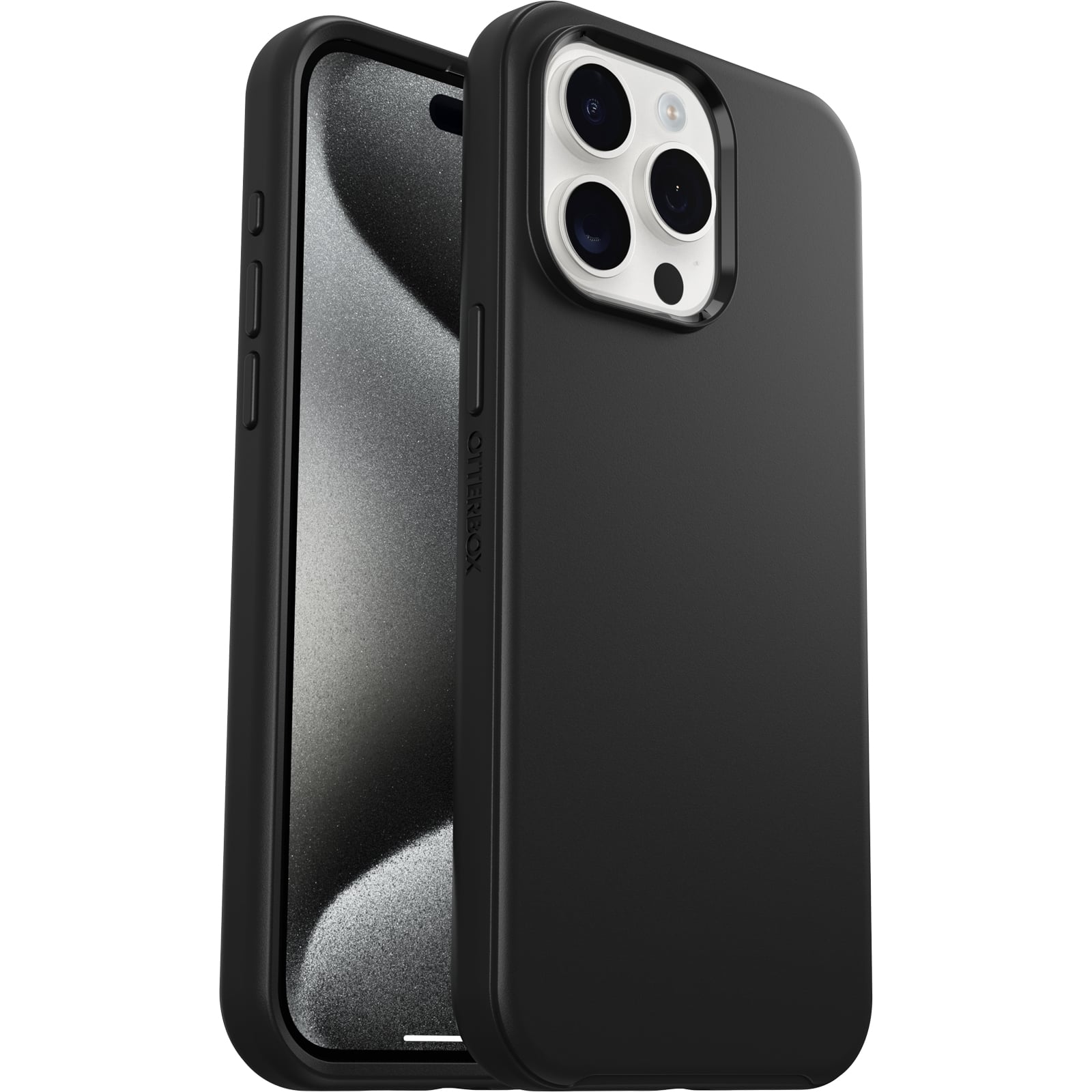 Left. OtterBox - Symmetry Series Hard Shell for MagSafe for Apple iPhone 15 Pro Max - Black.