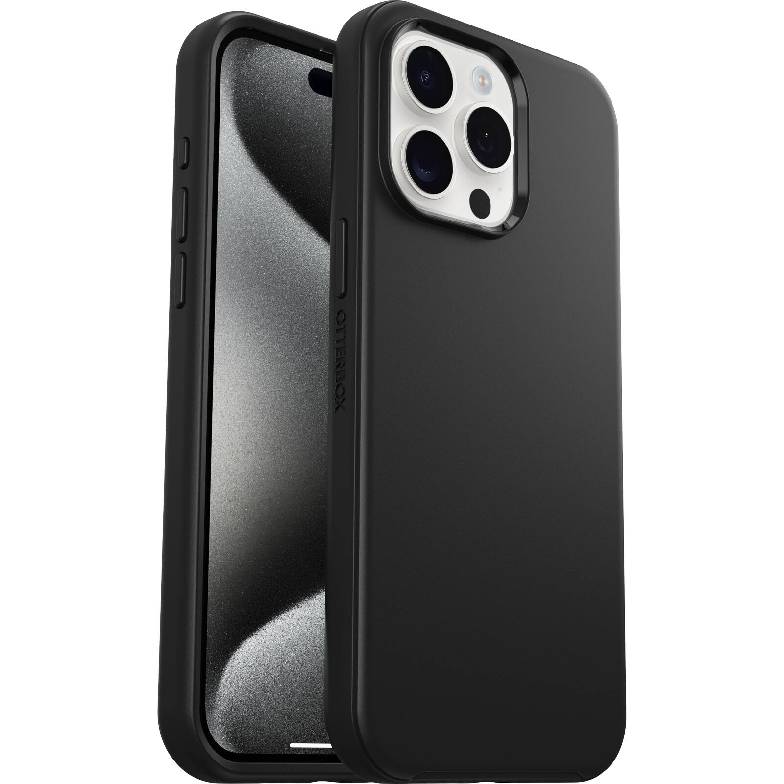 Left. OtterBox - Symmetry Series Hard Shell for MagSafe for Apple iPhone 15 Pro Max - Black.