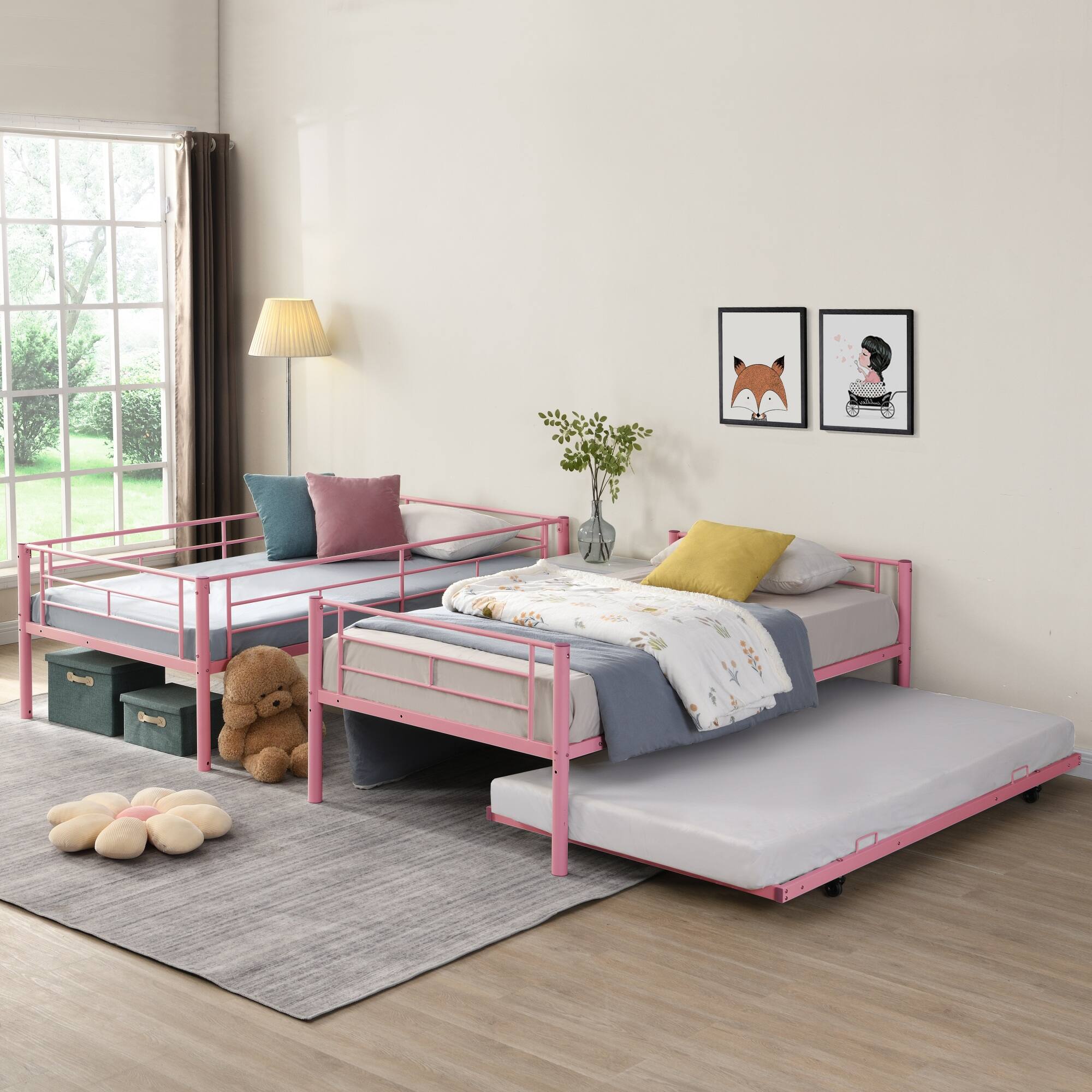 Alt View 1. GOODSILO - Modern Metal Bunk Bed with Trundle - Space-Saving Sleeper Solution for Kids and Teens - Pink.