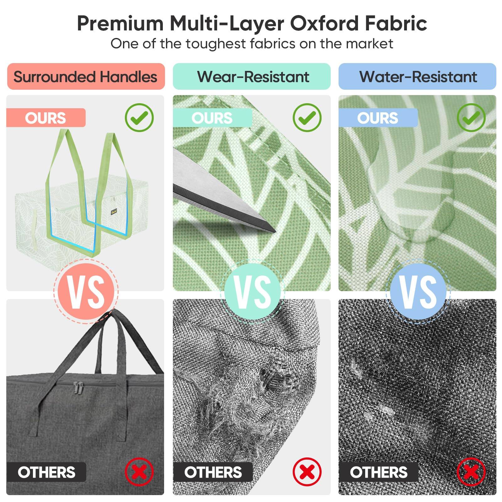 Premium Multi-Layer Oxford Fabric  
One of the toughest fabrics on the market  

Surrounded Handles  
Wear-Resistant  
Water-Resistant  

OURS  
VS  
OTHERS  

OURS  
VS  
OTHERS  

OURS  
VS  
OTHERS