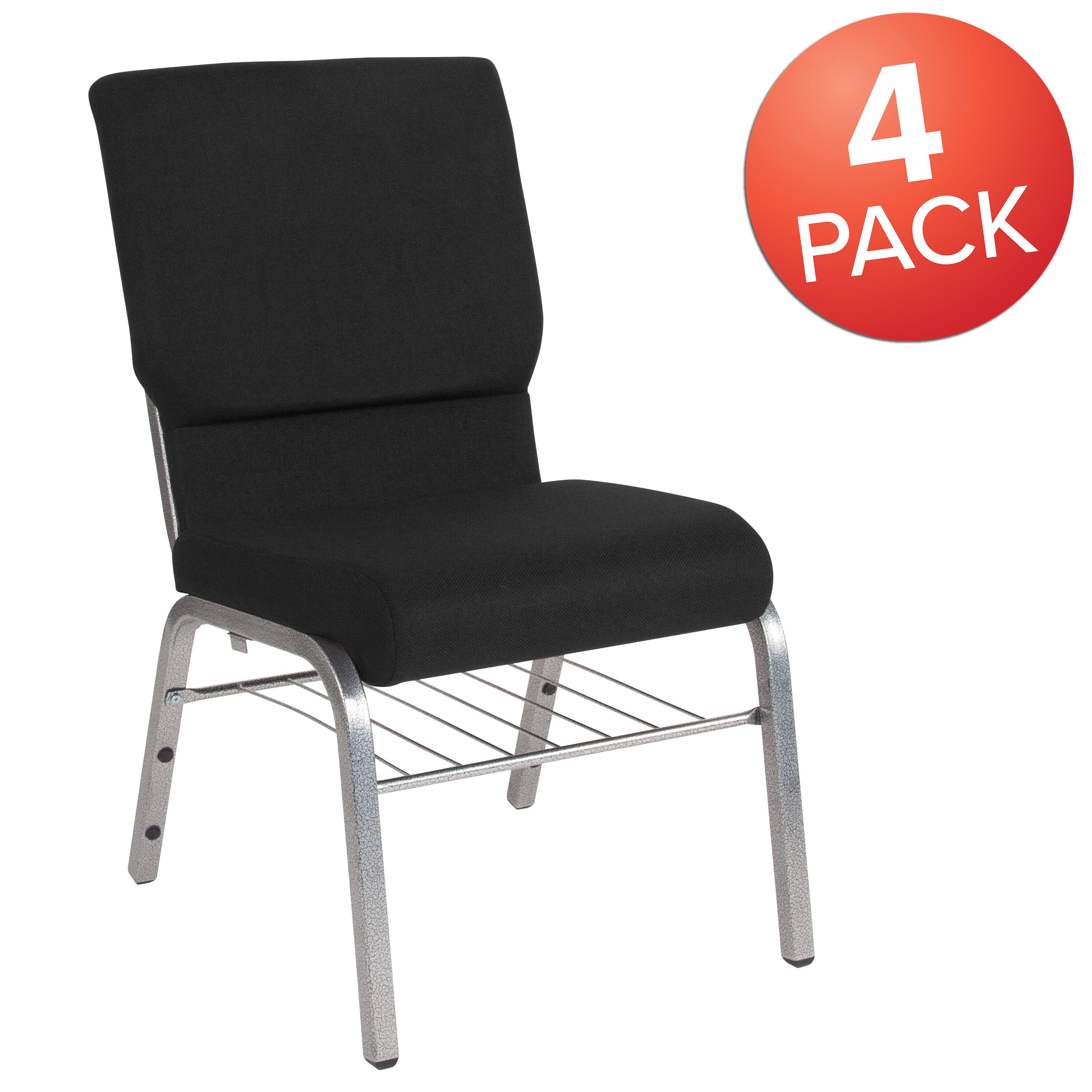 Alt View 1. Emma + Oliver - 4 Pack 18.5''W Church Chair with Book Rack - Black Fabric/Silver Vein Frame.