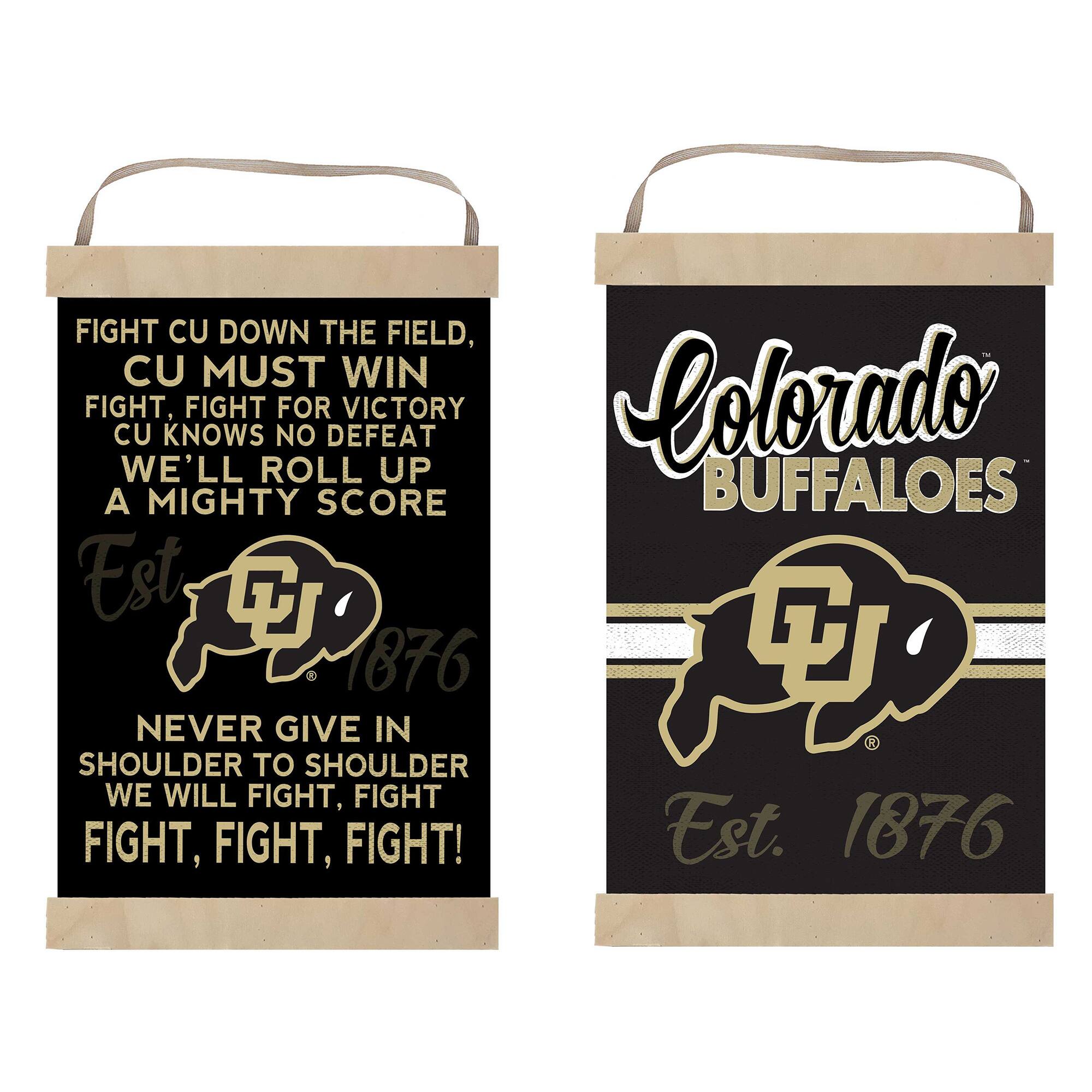 FIGHT CU DOWN THE FIELD,  
CU MUST WIN  
FIGHT, FIGHT FOR VICTORY  
CU KNOWS NO DEFEAT  
WE'LL ROLL UP  
A MIGHTY SCORE  

Est. 1876  

NEVER GIVE IN  
SHOULDER TO SHOULDER  
WE WILL FIGHT, FIGHT  
FIGHT, FIGHT, FIGHT!  

Colorado BUFFALOES  
Est. 1876