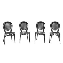 Emma + Oliver - Colmar Set of Four Indoor/Outdoor Stacking Thonet Bistro Style Chairs with PE Rattan Seat and Metal Frame - Black & White/Black Frame