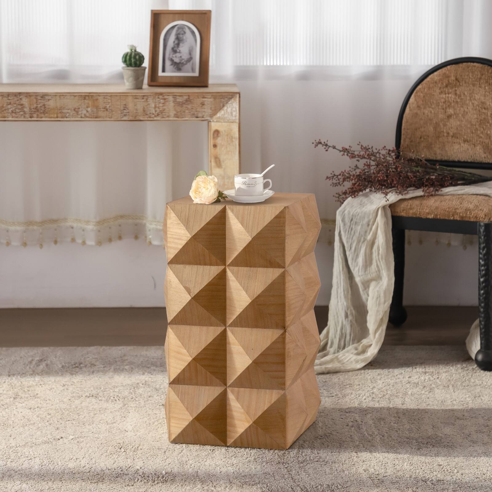 Alt View 5. Ecooso - 23.62"Height Three-dimensional Embossed Pattern Design Retro Side Table Retro Wooden Nightstand - Natural.