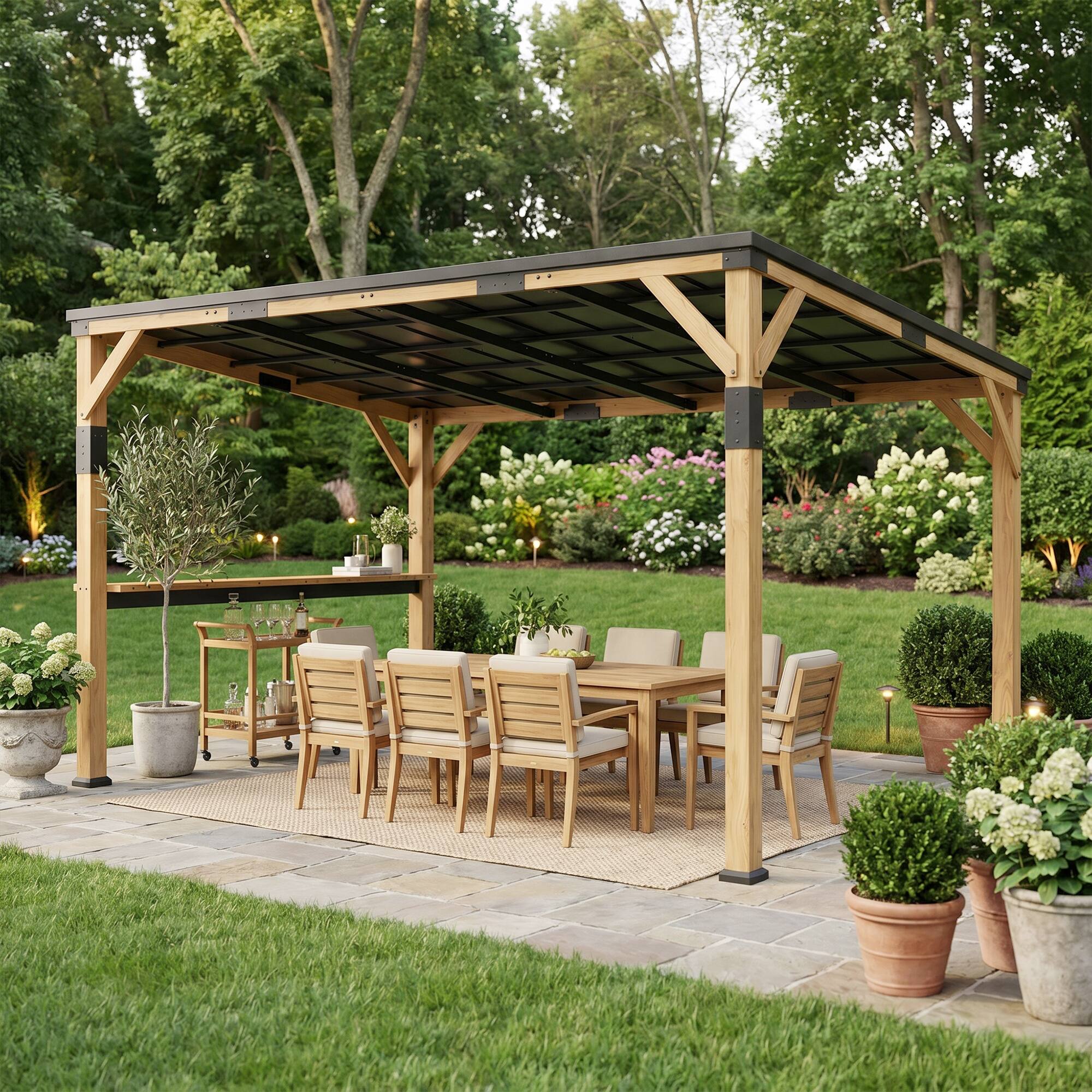 Alt View 6. Outsunny - x 14' Wooden Gazebo, Hardtop Lean-to Gazebo Pergola with Galvanized Steel Sloped Roof, Bar Shelf.