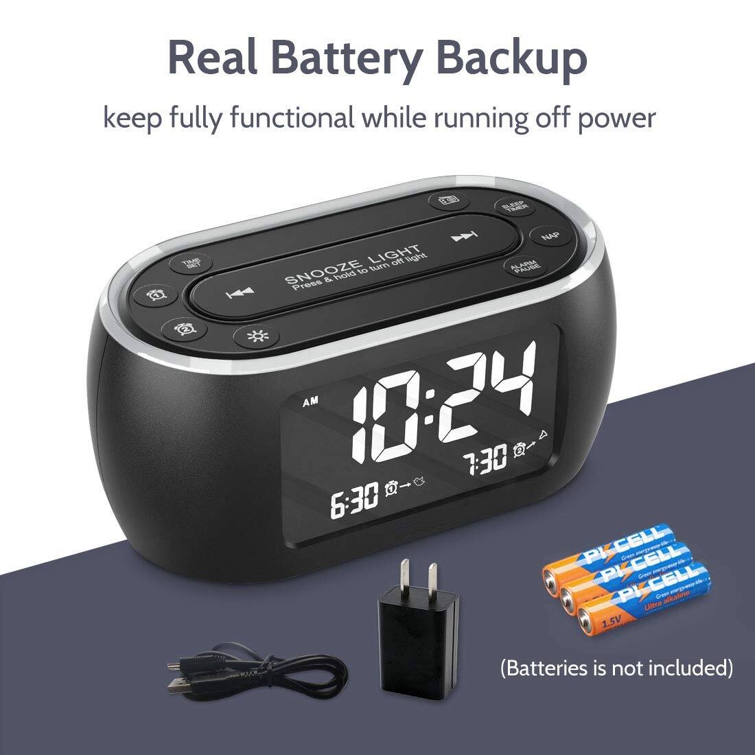 Real Battery Backup  
keep fully functional while running off power  

SNOOZE  
Press & hold to turn off light  

10:24  
AM  
6:30  
7:30  

(Batteries is not included)  

PKCELL  
1.5V