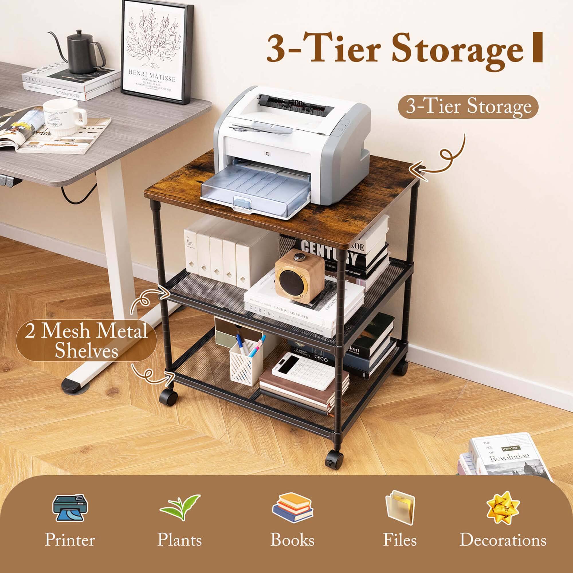 3-Tier Storage

2 Mesh Metal Shelves

Printer  
Plants  
Books  
Files  
Decorations