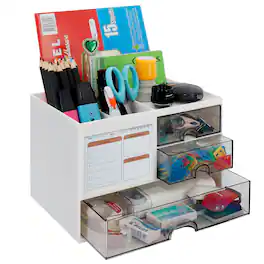 Garnen - Desk Organizer With Drawers, Makeup Organizer Countertop Vanity Organization & Storage, Pencil Pen Holder for Desk - White