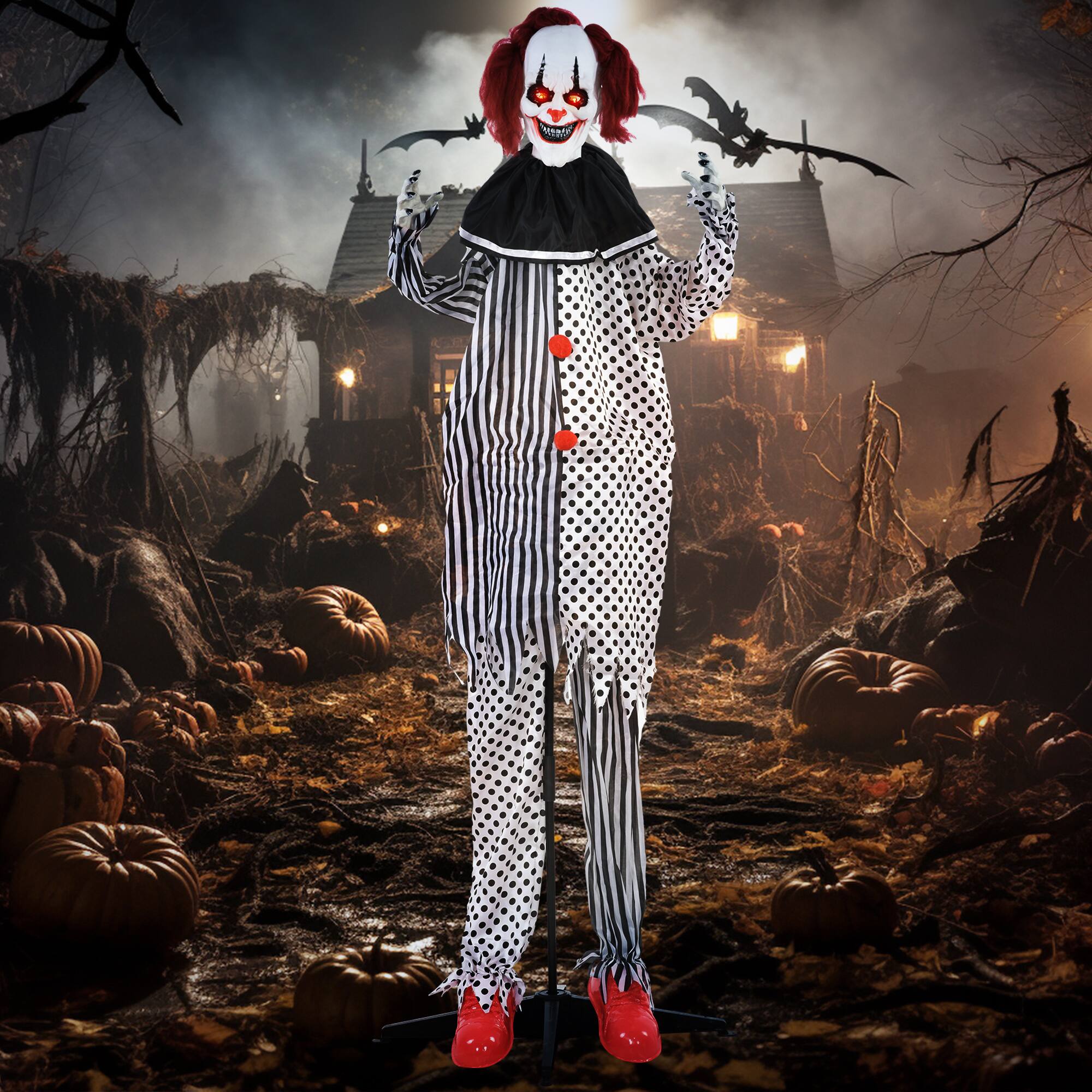 Alt View 1. Homcom - 6' Outdoor Halloween Decoration, Animatronic Circus Clown, Animated Prop with Light Up Eyes, Talking and Laughter - White, Black and Red.