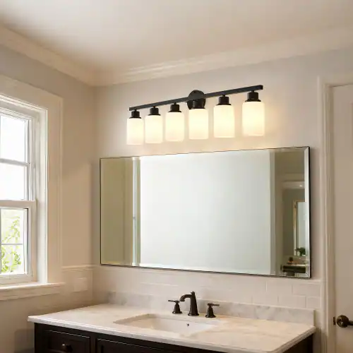 Alt View 2. LUCKY ONE - 6-Light Matte Black Wood Wall Lamp, Glass Shade Sconce for Bathroom or Bedroom Wall Mount - Matte Black,Wood.