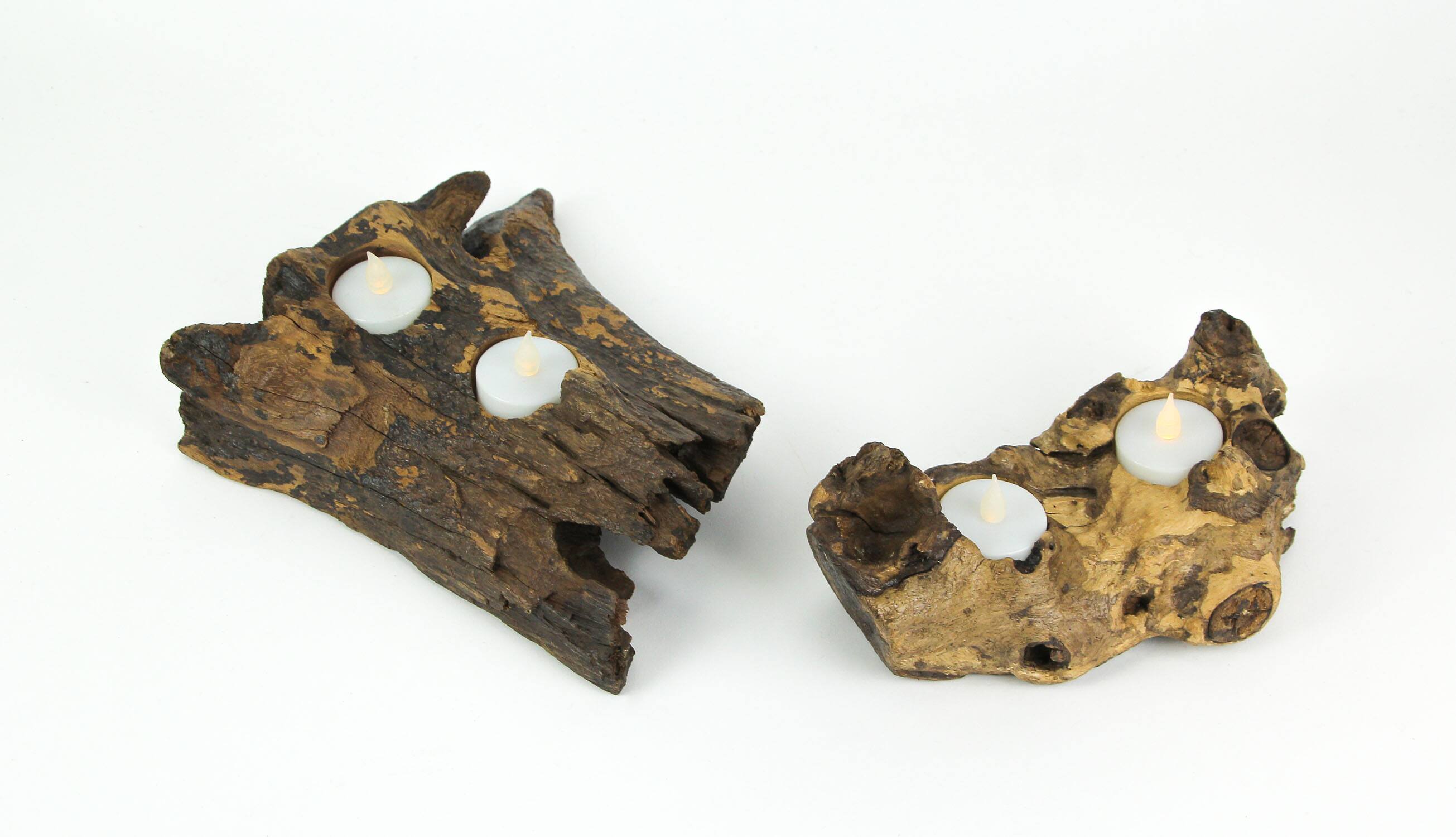 Alt View 1. Things2Die4 - Set of 2 Natural Gamal Root Wood Double Tealight Candle Holders - 8 Inch - Brown.