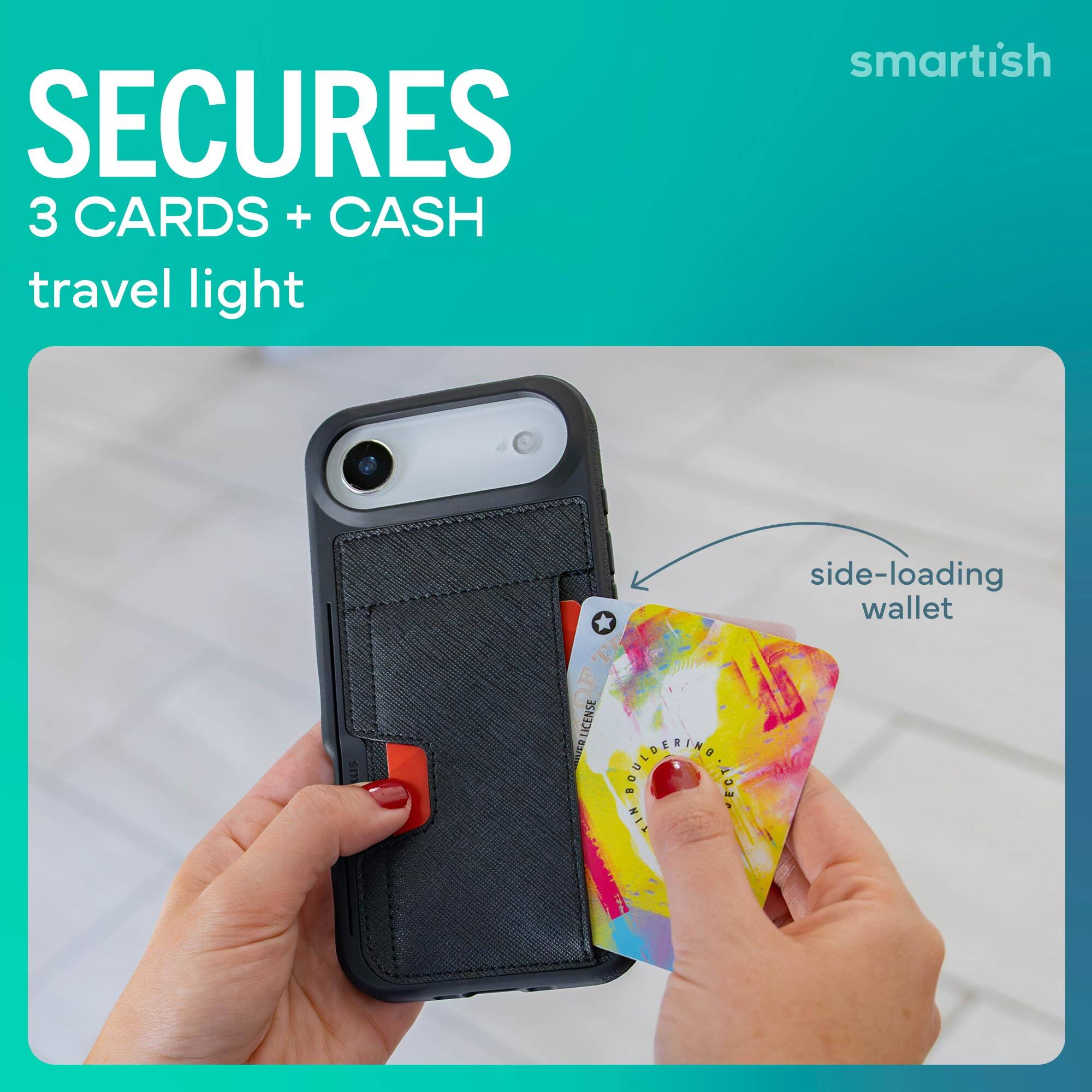 SECURES 3 CARDS + CASH travel light  
smartish  
side-loading wallet  
LICENSE ORTER GOUGBERING TIN VECT
