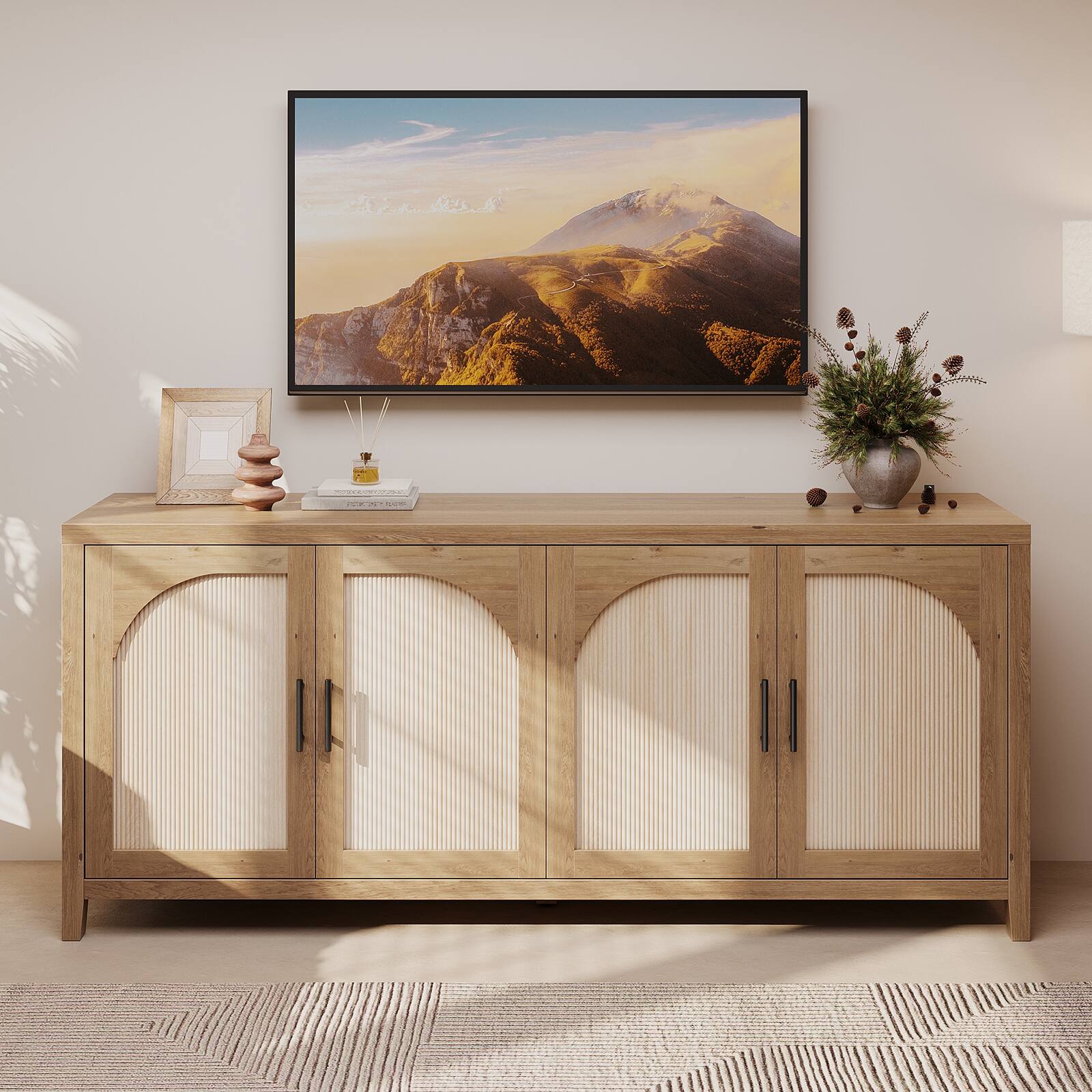 Left. Bestier - 70" Arched Farmhouse TV Console, Rustic Wood Grain Media Cabinet with 4 Doors & Ample Storage for 75" TVs - Brown.