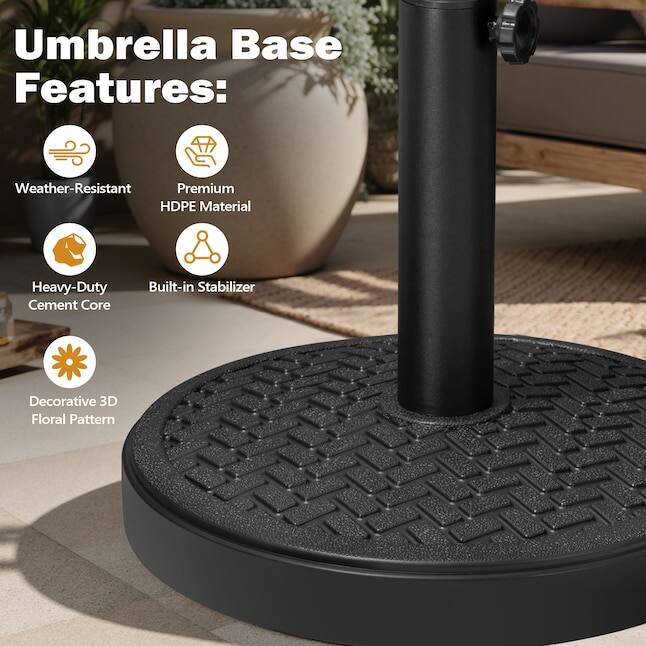 Umbrella Base Features:  
- Weather-Resistant  
- Premium HDPE Material  
- Heavy-Duty Cement Core  
- Built-in Stabilizer  
- Decorative 3D Floral Pattern