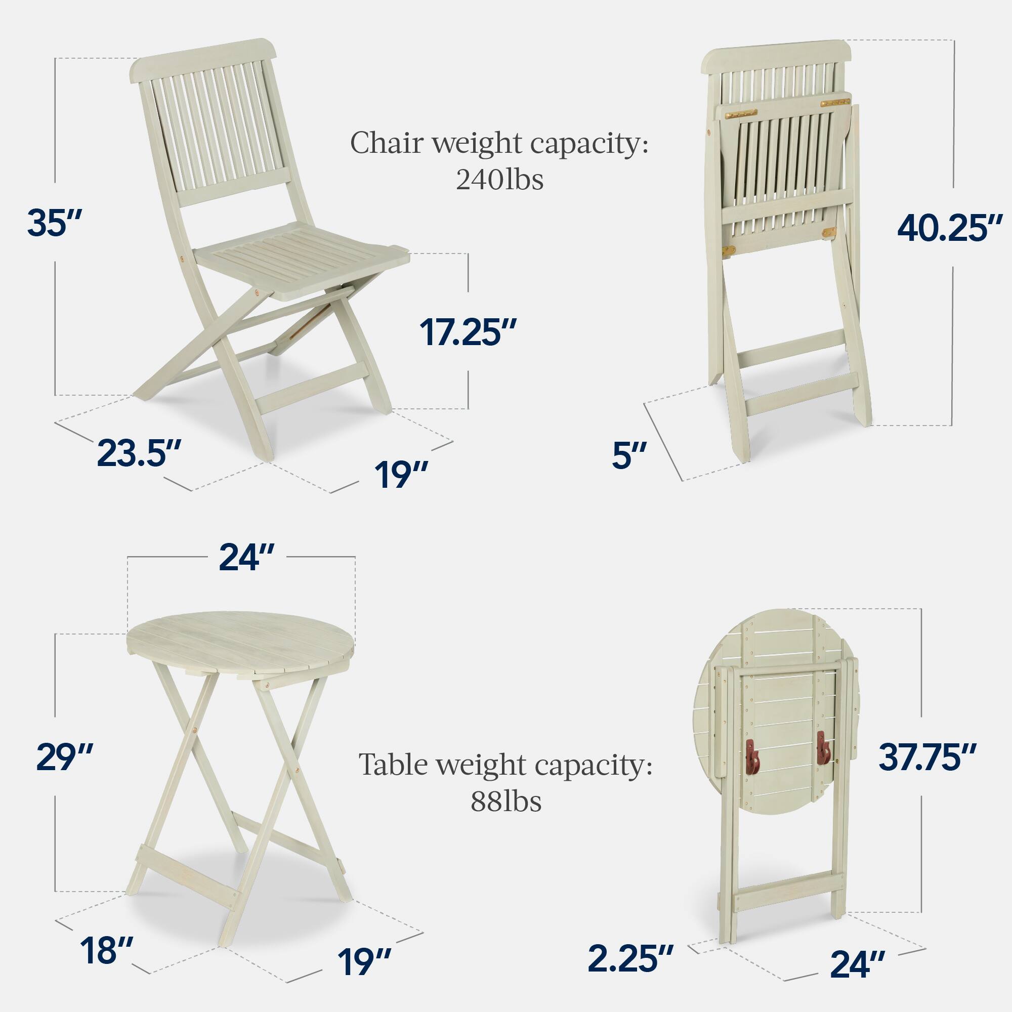 Chair weight capacity: 240lbs  
35"  
40.25"  
17.25"  
23.5"  
19"  
5"  

Table weight capacity: 88lbs  
37.75"  
24"  
29"  
18"  
19"  
2.25"