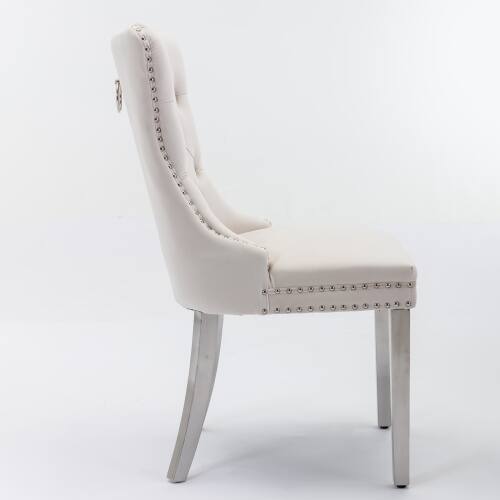 Alt View 2. LUCKY ONE - Assembled Tufted Velvet Dining Chair Set of 2 with Chrome Stainless Steel Legs Nailhead Trim - Beige.