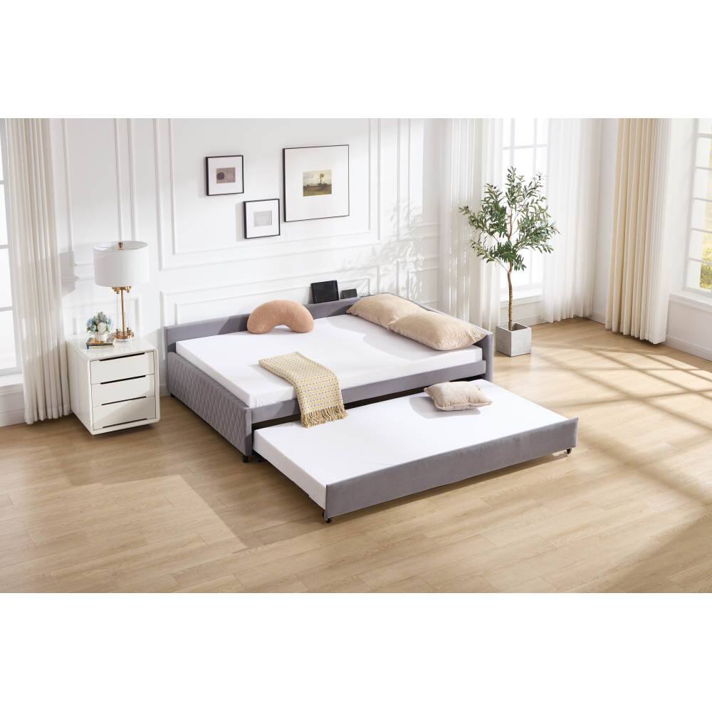 Front. OLOEY - Grey Fashion Upholstered Daybed with Trundle sturdy wooden bed frame modern diamond grid design for Bedroom Guest Room - Grey.