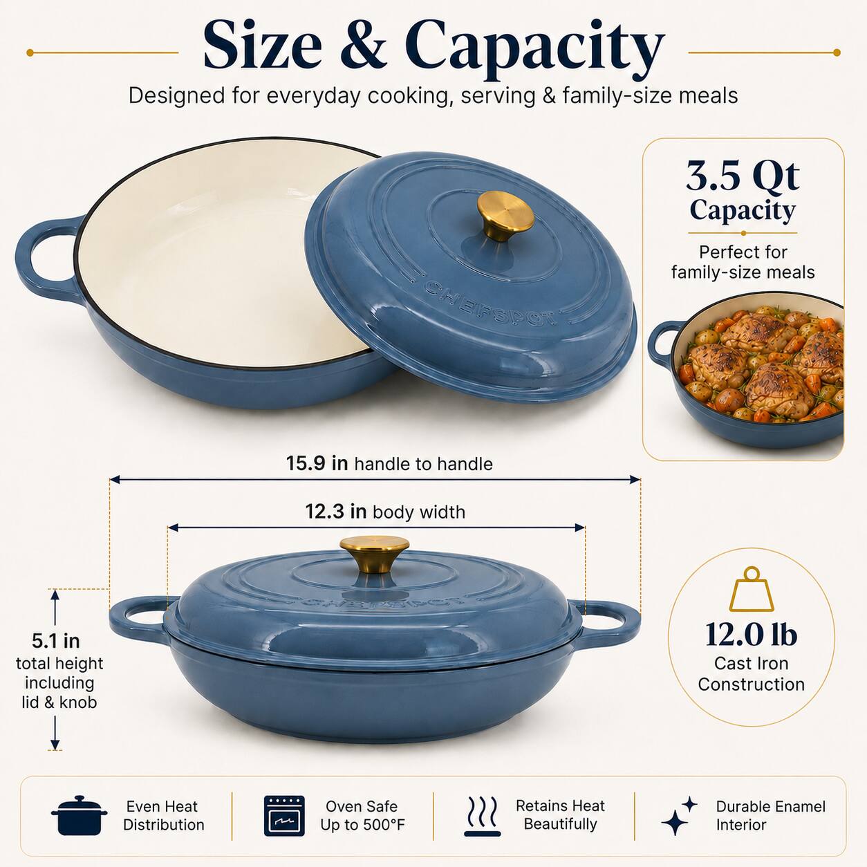 Size & Capacity  
Designed for everyday cooking, serving & family-size meals  

3.5 Qt Capacity  
Perfect for family-size meals  

15.9 in handle to handle  
12.3 in body width  
5.1 in total height including lid & knob  

12.0 lb Cast Iron Construction  

Even Heat Distribution  
Oven Safe Up to 500°F  
Retains Heat Beautifully  
Durable Enamel Interior