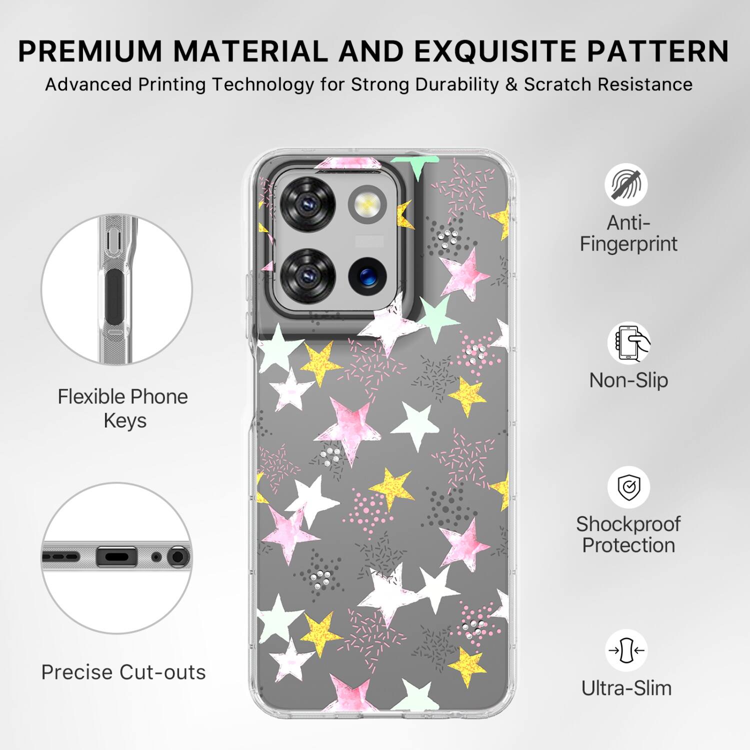 PREMIUM MATERIAL AND EXQUISITE PATTERN  
Advanced Printing Technology for Strong Durability & Scratch Resistance  

- Anti-Fingerprint  
- Flexible Phone Keys  
- Non-Slip  
- Shockproof Protection  
- Precise Cut-outs  
- Ultra-Slim