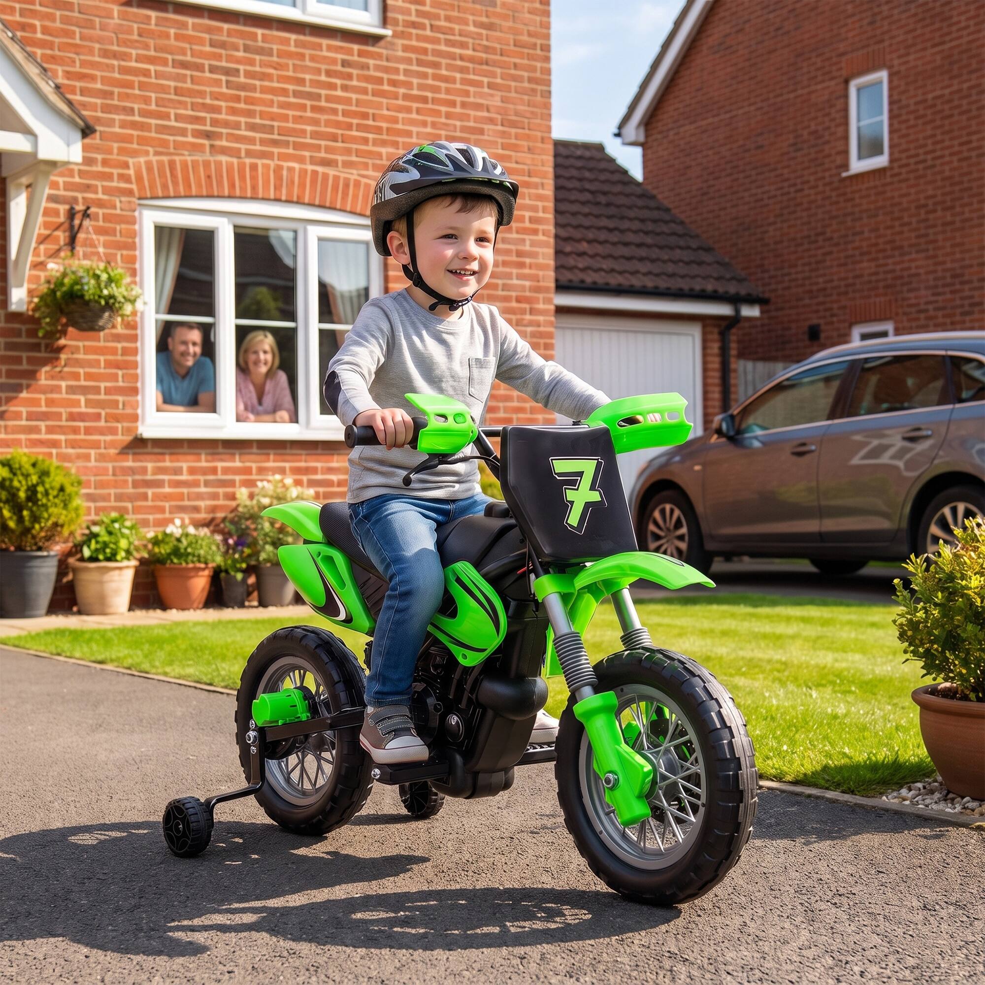 Alt View 1. Qaba - Kids Motorcycle, 2 x 35W Electric Dirt Bike with Training Wheels, Rear Suspension - Green.