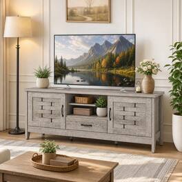 WELLFOR - Farmhouse TV Stand for 65 Inch TVs, Entertainment Centre with 2 Woven Accent Doors and Adjustable Shelves - Oak