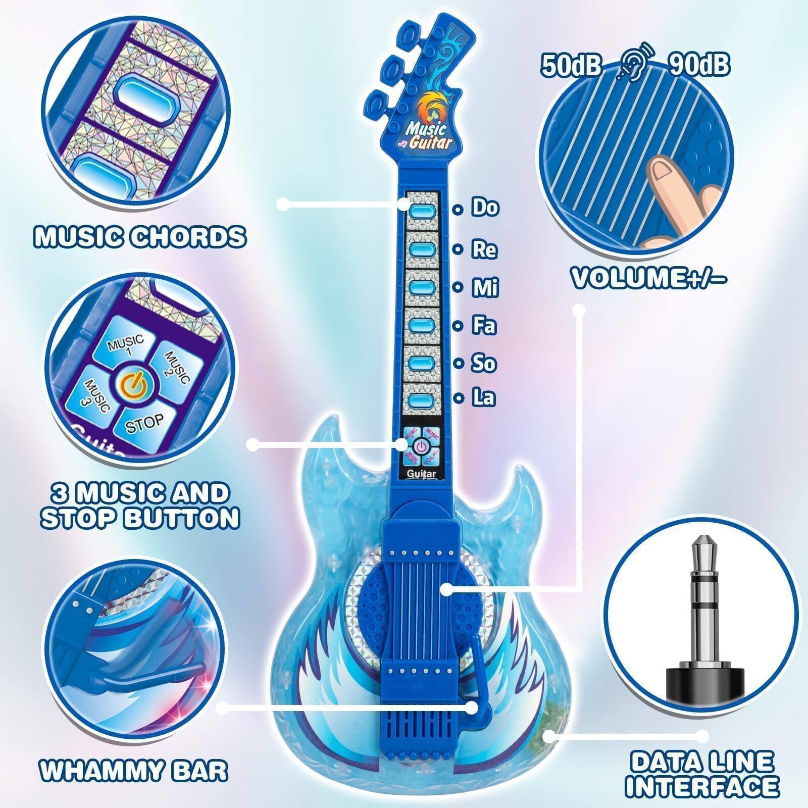- MUSIC CHORDS
- 3 MUSIC AND STOP BUTTON
- WHAMMY BAR
- DATA LINE INTERFACE
- VOLUME +/- (50dB - 90dB)
- Do, Re, Mi, Fa, So, La