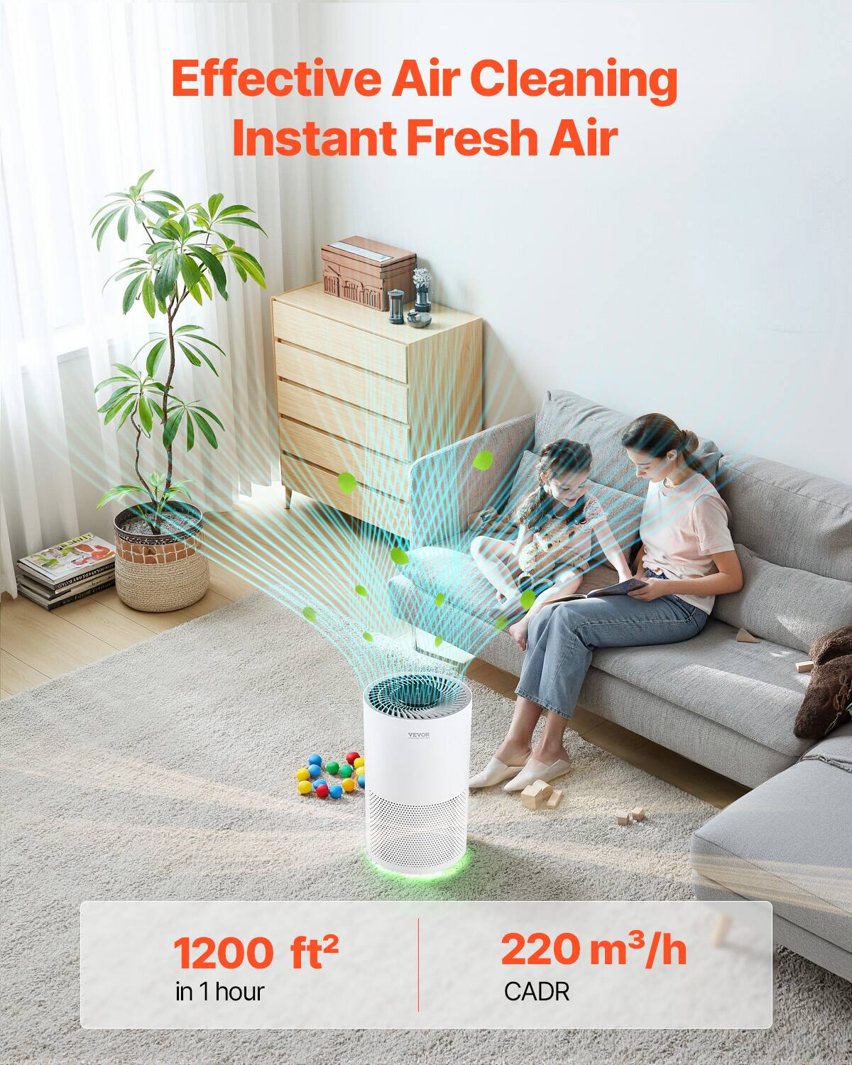 Effective Air Cleaning  
Instant Fresh Air  

1200 ft² in 1 hour  

220 m³/h CADR