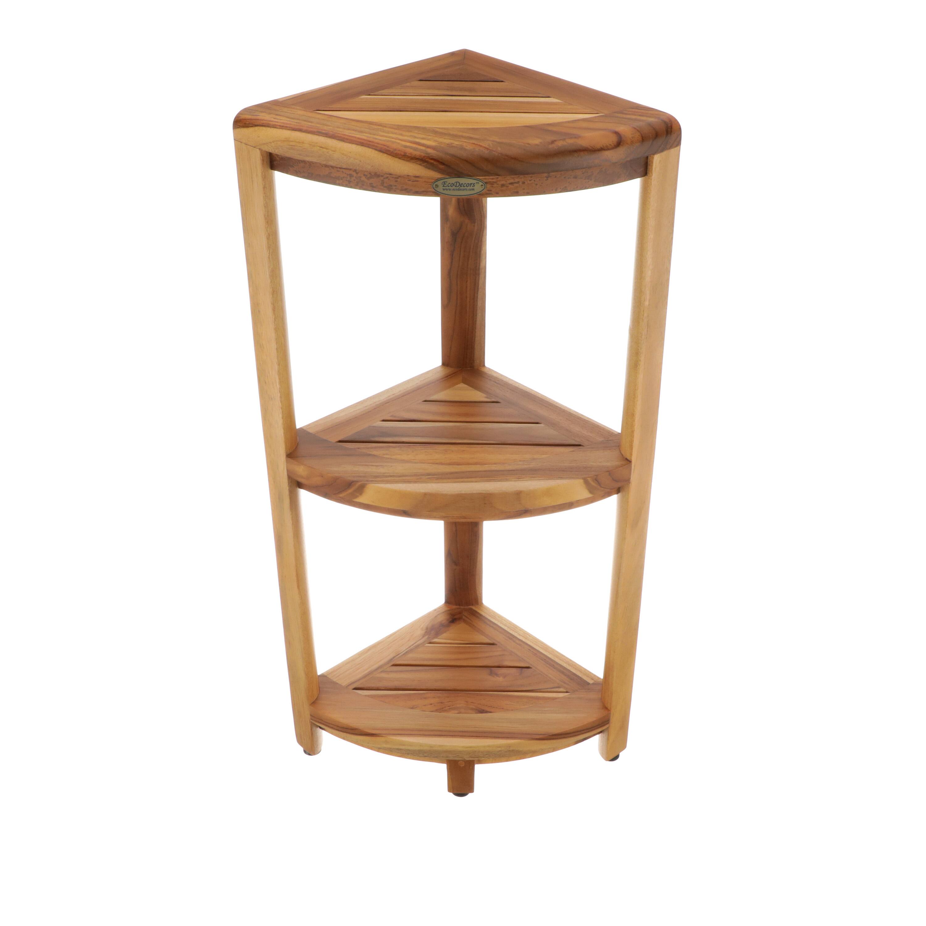 Back. EcoDecors - EcoDecors Snazzy Corner Natural Color Three Tier Shelf Waterproof Teak Wood Shower Shelf - EarthyTeak.