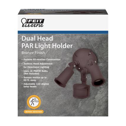 FEIT Electric Dual Head PAR Light Holder
Bronze Finish
- Durable All-weather Construction
- Toolless Head Adjustment for Directional Lighting
- Uses (2) PAR38 Bulbs (Not Included)
- Senses motion up to 60 ft. away
- Adjustable 110 degree lamp heads
MOTION DETECTION
