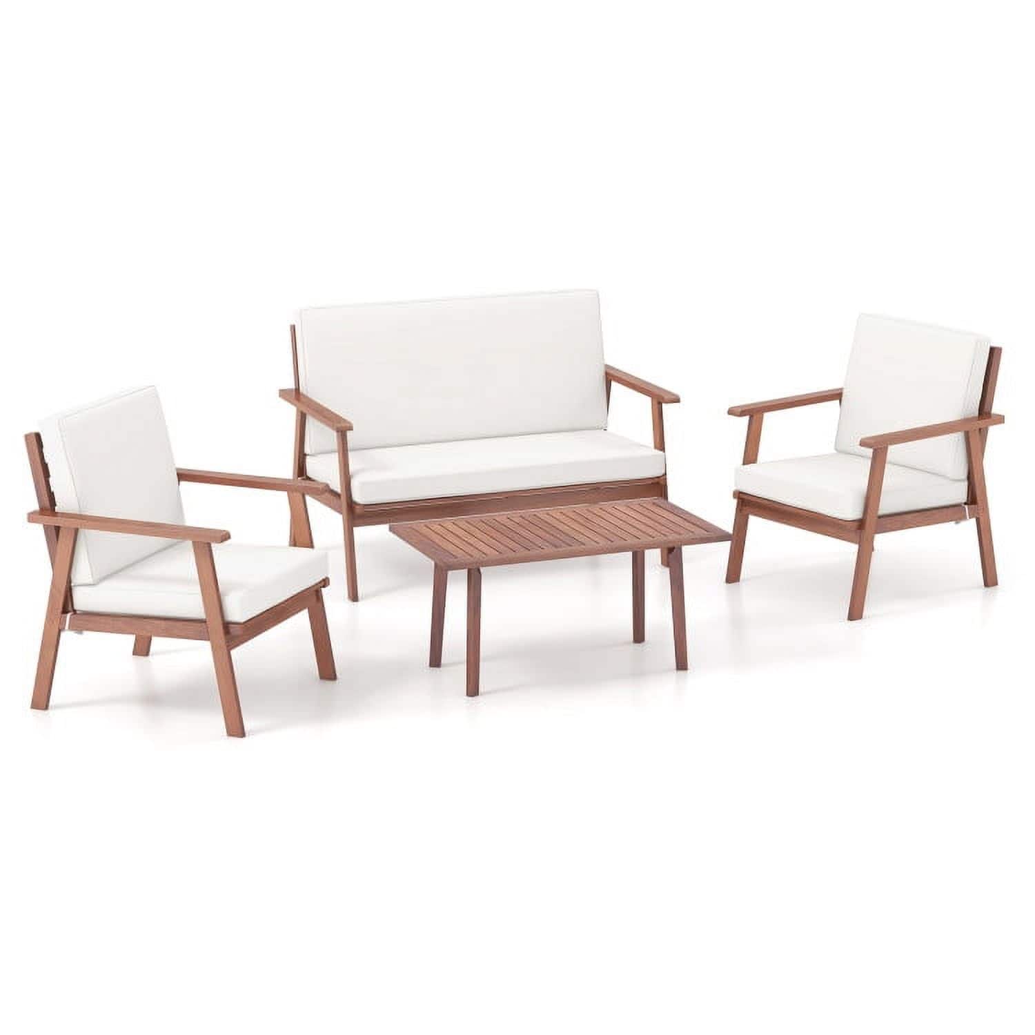 Kadyn - Patio Sofa Set,4 Pc Outdoor Acacia Wood Conversation Set, Small Patio Conversation Furniture Set with Soft Seat - White