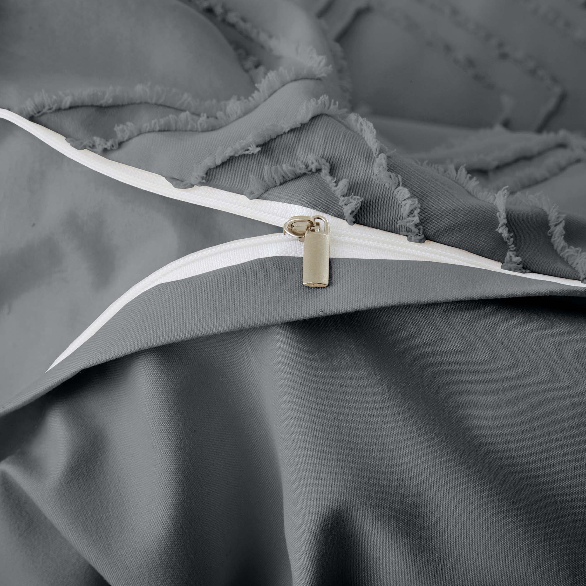 Back. Peace Nest - Peace Nest Tufted Clipped Jacquard Geometric Duvet Cover & Pillowcase Set - Square Dark Gray.