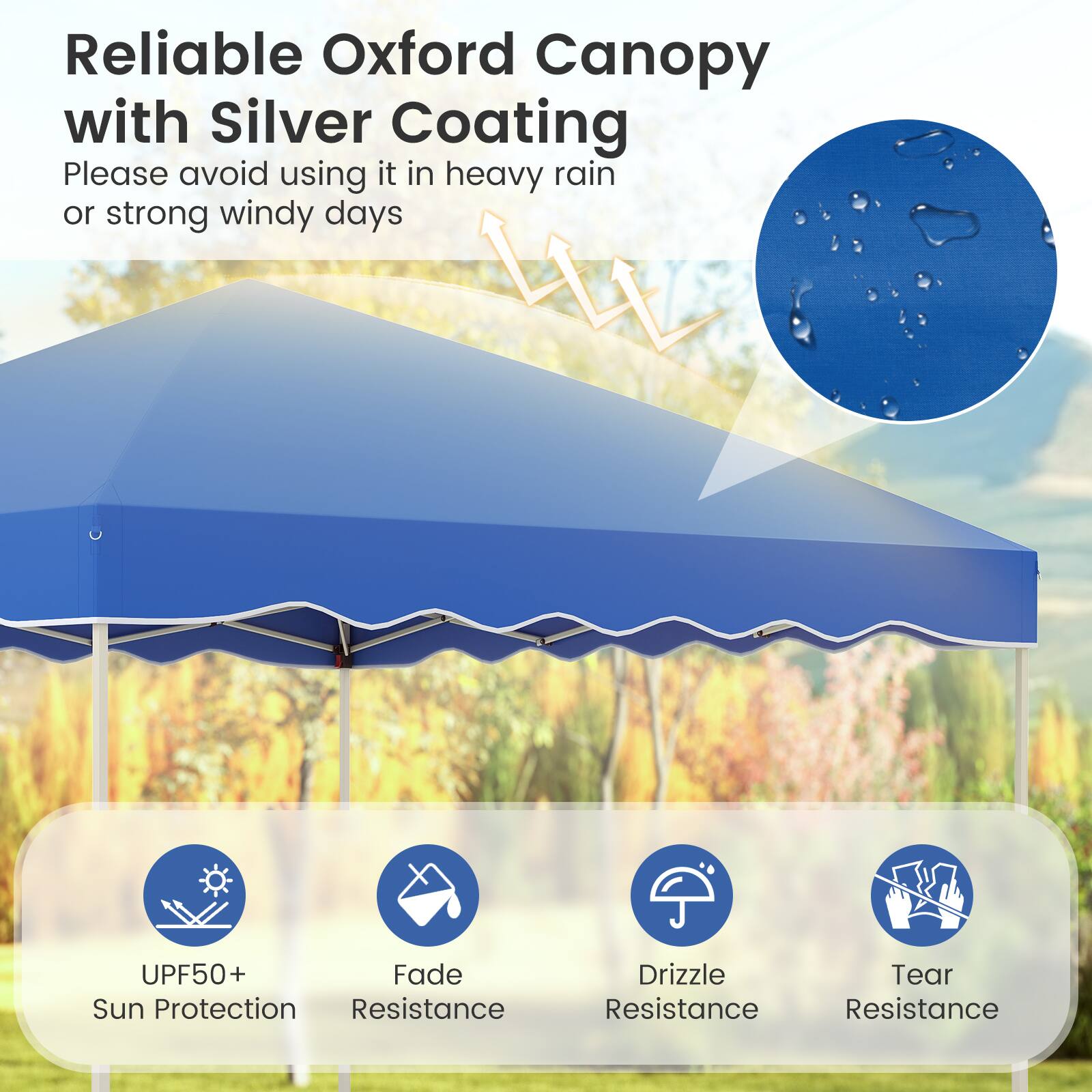 Reliable Oxford Canopy with Silver Coating

Please avoid using it in heavy rain or strong windy days

- UPF50+ Sun Protection
- Fade Resistance
- Drizzle Resistance
- Tear Resistance