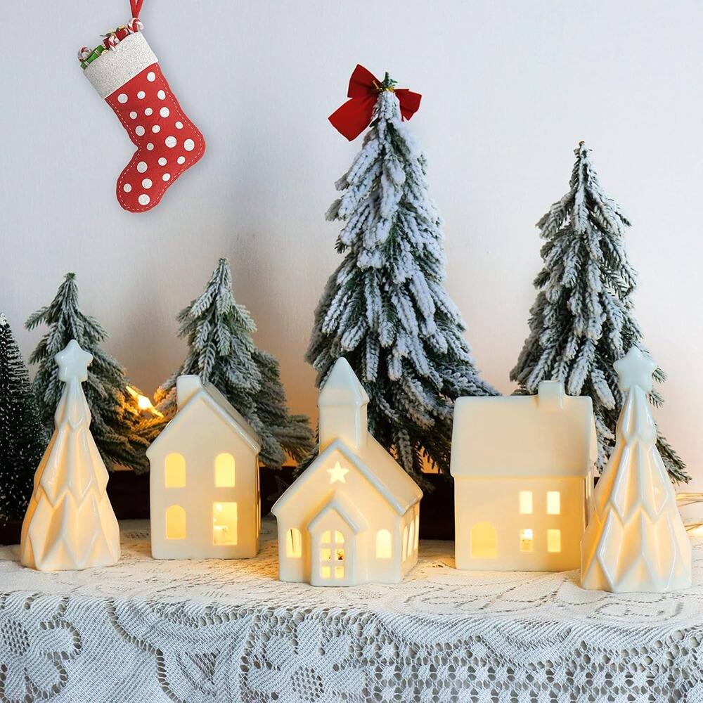 Alt View 5. Schertz - 5-Pc Ceramic Christmas Village Set with 3 Lighted Houses & 2 Pine Trees - White.