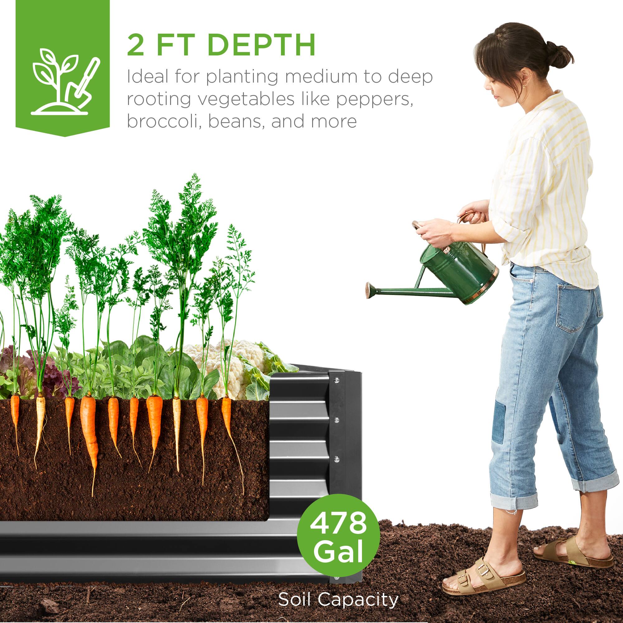 2 FT DEPTH  
Ideal for planting medium to deep rooting vegetables like peppers, broccoli, beans, and more  

478 Gal  
Soil Capacity