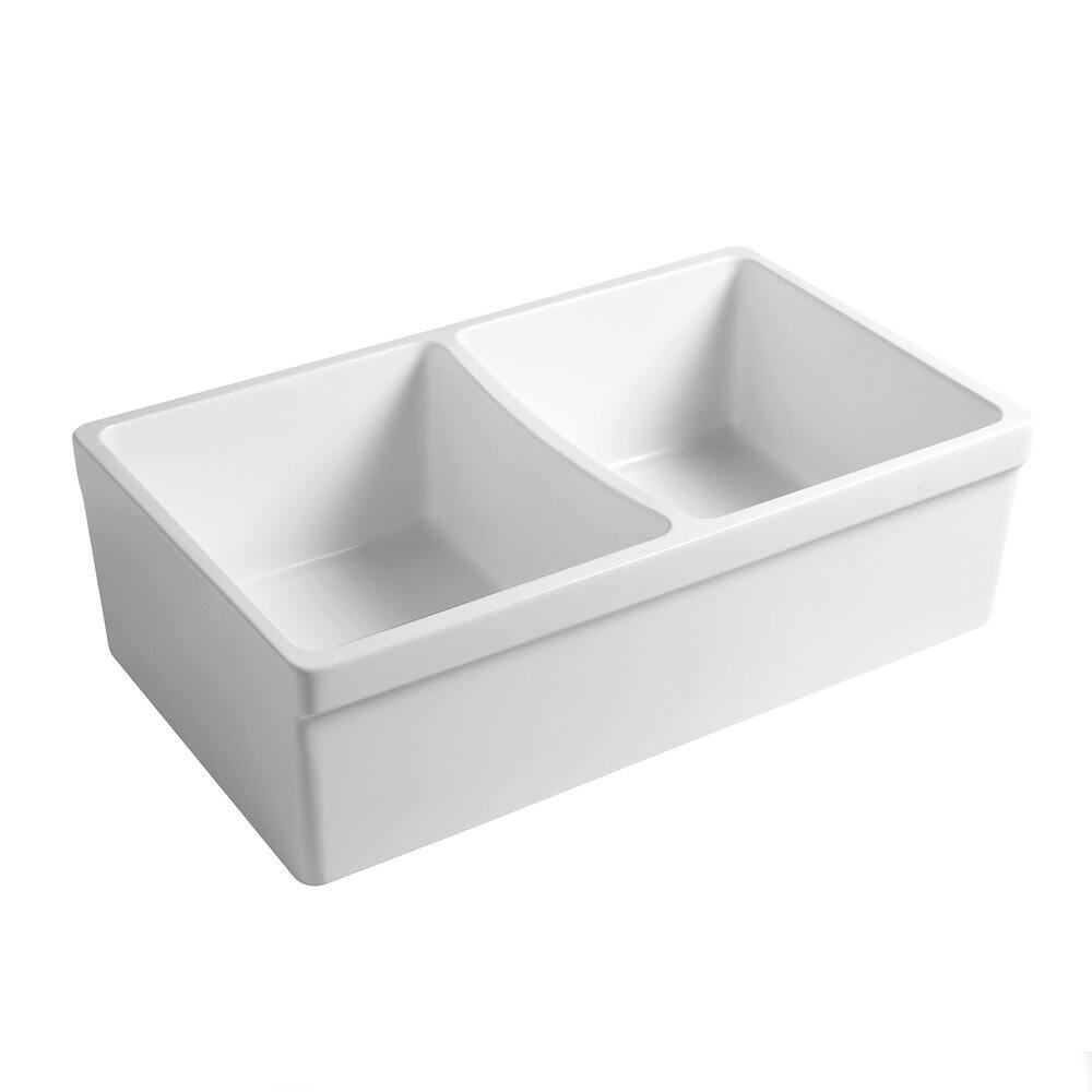 Left. Whitehaus - Farmhaus Fireclay Quatro Alcove Reversible Double Bowl Sink - White.