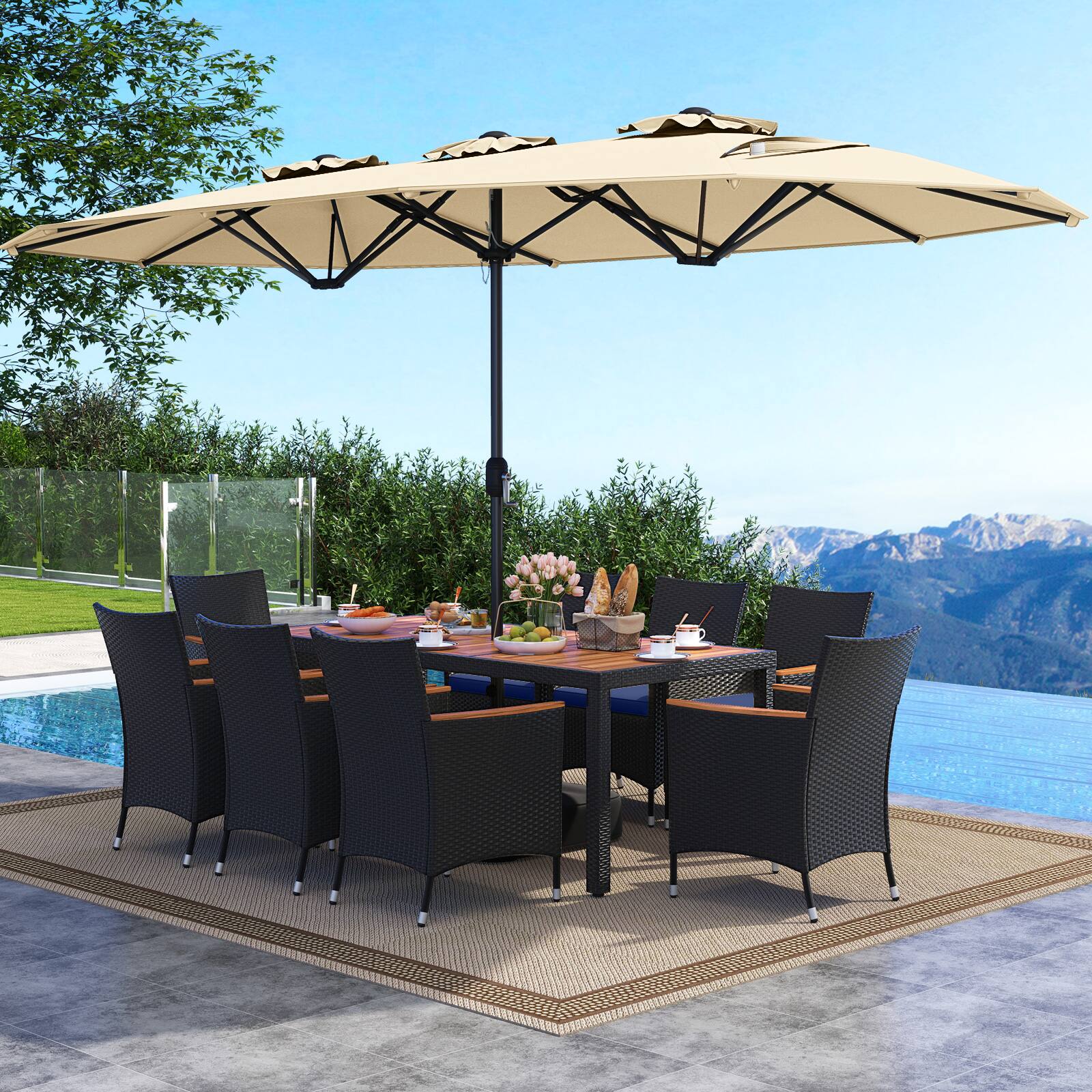 Alt View 1. Costway - Costway 11 PCS Patio Wicker Dining Set with Double-Sided Outdoor Umbrella 8 Stackable Chairs - Beige+Navy.