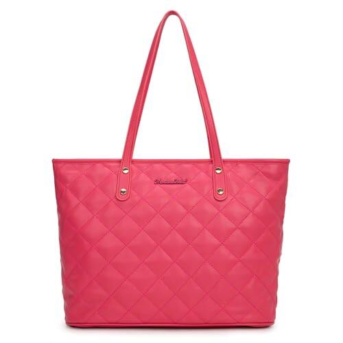 Front. DORLUKFU - Quilted Tote Bag for Women Large Shoulder Bag Fashion Handbags with Top Zipper - Quilted Dark Pink.